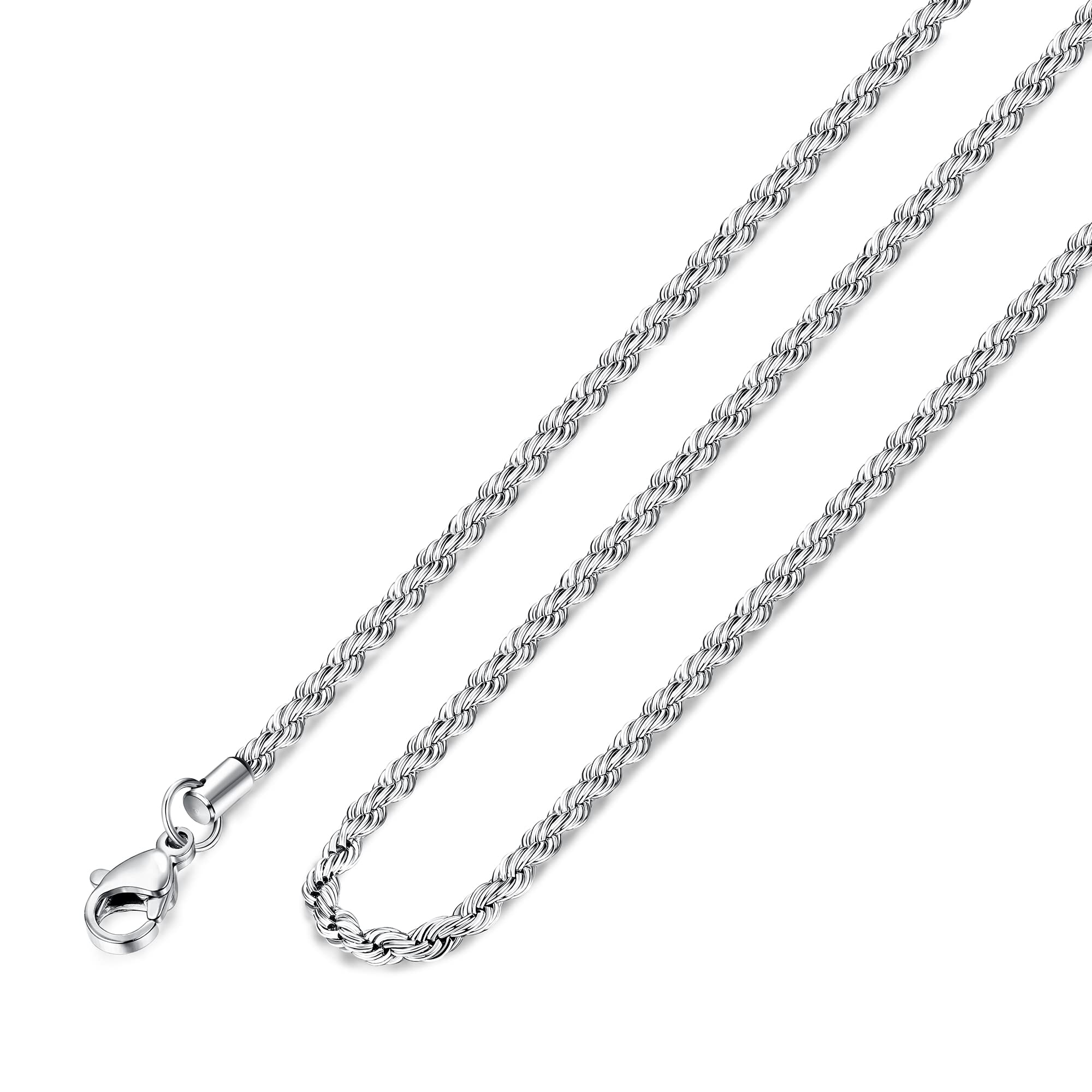 LOYALLOOK Stainless Steel Silver Rope Chain Necklace for Men & Women - 2.5-5MM Thickness | Perfect for Everyday Wear, Gifts & Special Occasions