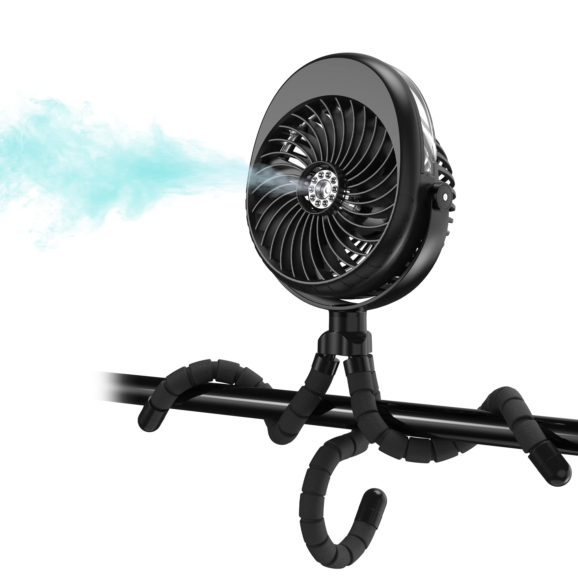 COMLIFE Portable Misting Stroller Fan - Rechargeable Clip On Fan with 50ml Water Tank, 270° & 360° Rotation for Baby Car Seat, Crib, Treadmill, Bike | USB Powered Personal Cooling Fan for Outdoor, Travel & Home Use - Black