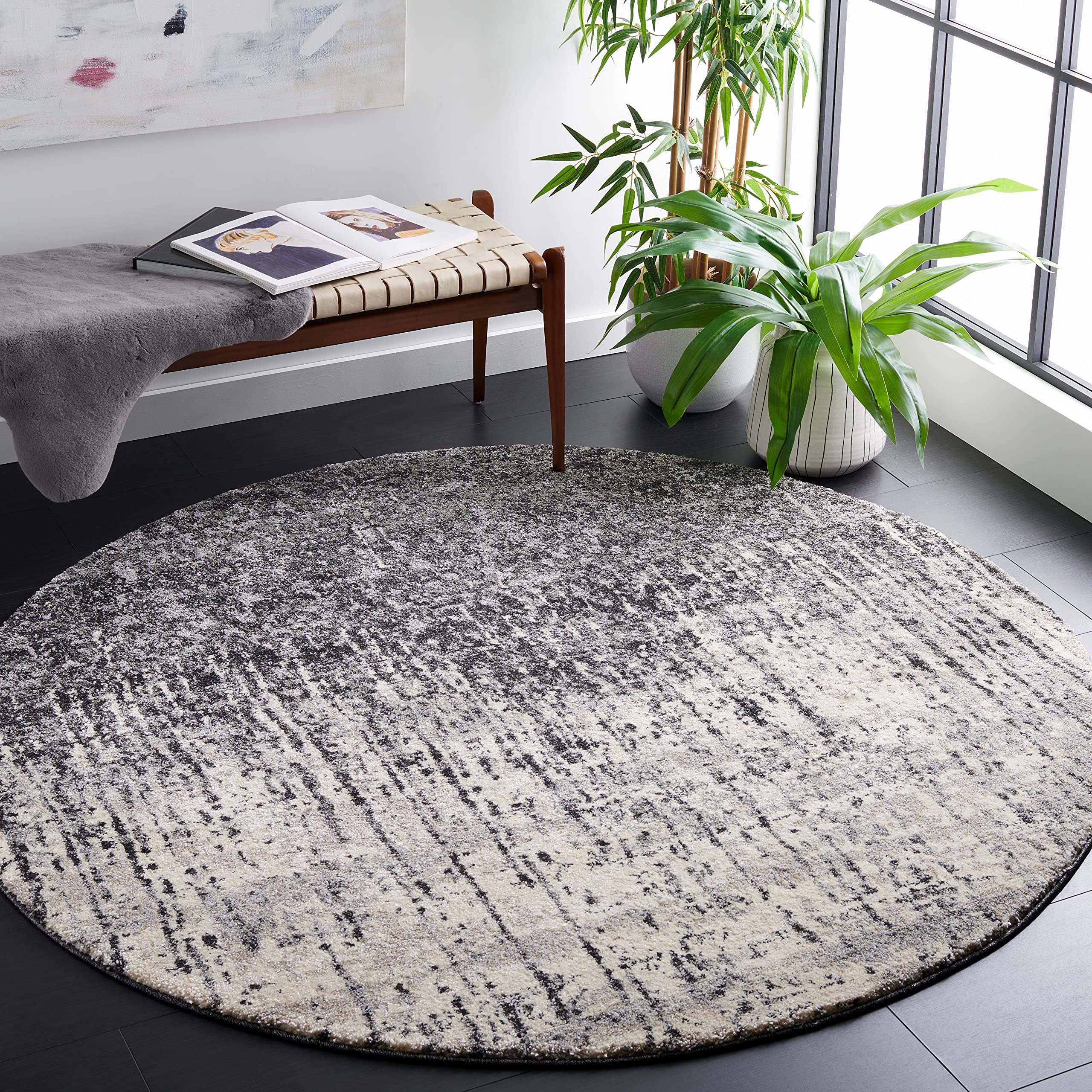 SAFAVIEH Retro Collection 8' Round Black & Light Grey Abstract Area Rug - Non-Shedding Modern Design for Dining Room, Living Room, Bedroom & Entryway | Perfect for Contemporary Home Decor