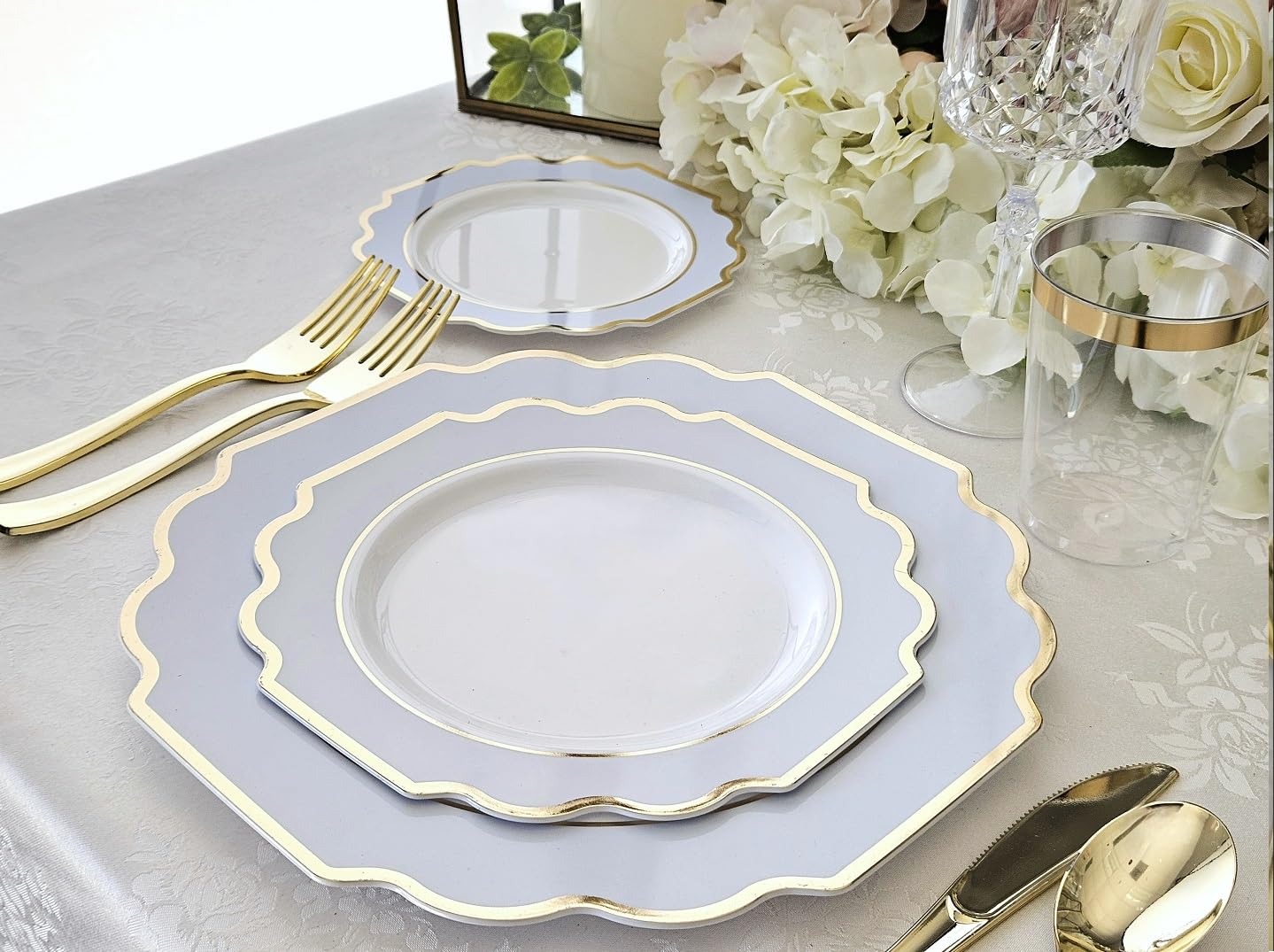 120-Pack Heavyweight Disposable Plastic Plates for Weddings & Parties - 10.5'' Dinner Plates in Elegant White, Blue & Gold - Perfect for Wedding Receptions, Birthday Parties & Special Events