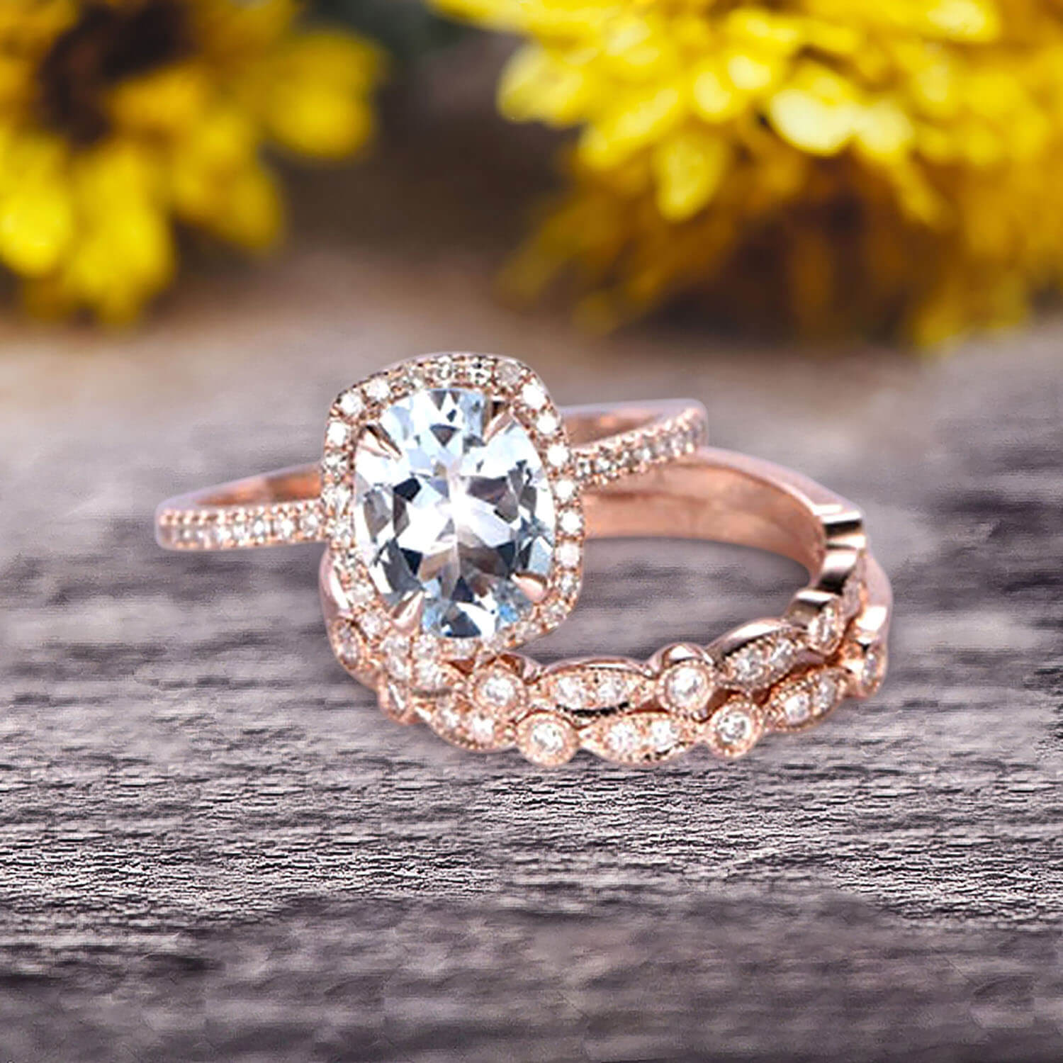 2 Carat Oval Cut Aquamarine & Moissanite Diamond Engagement Ring Set in 10k Rose Gold with Art Deco Vintage Matching Wedding Band - Perfect for Proposals, Anniversaries & Bridal Jewelry