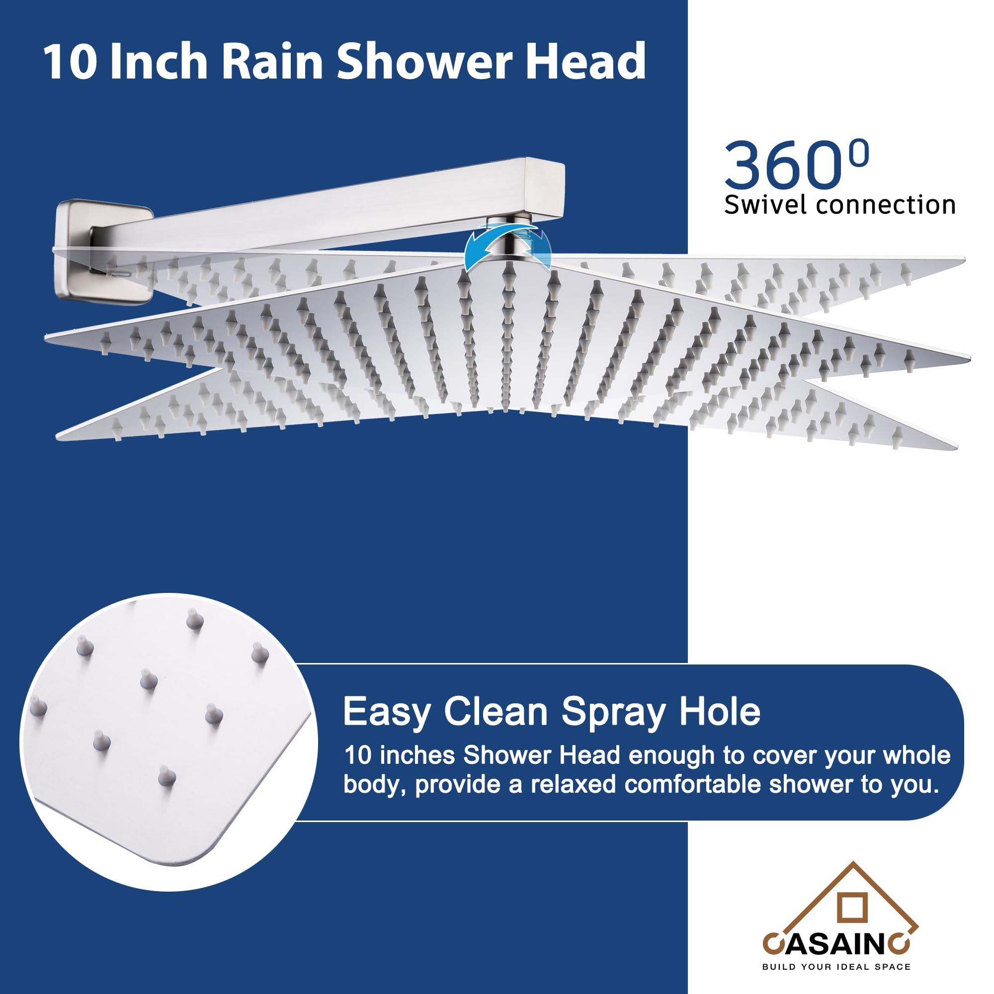 CASAINC 10 Inch High Pressure Brushed Nickel Shower System - Wall Mounted Square Rainfall Shower Head with Handheld Spray & Anti-Scald Valve for Luxurious Bathroom Upgrade | Perfect for Modern Homes, Spa-Like Experience, Water Saving & Easy Installation