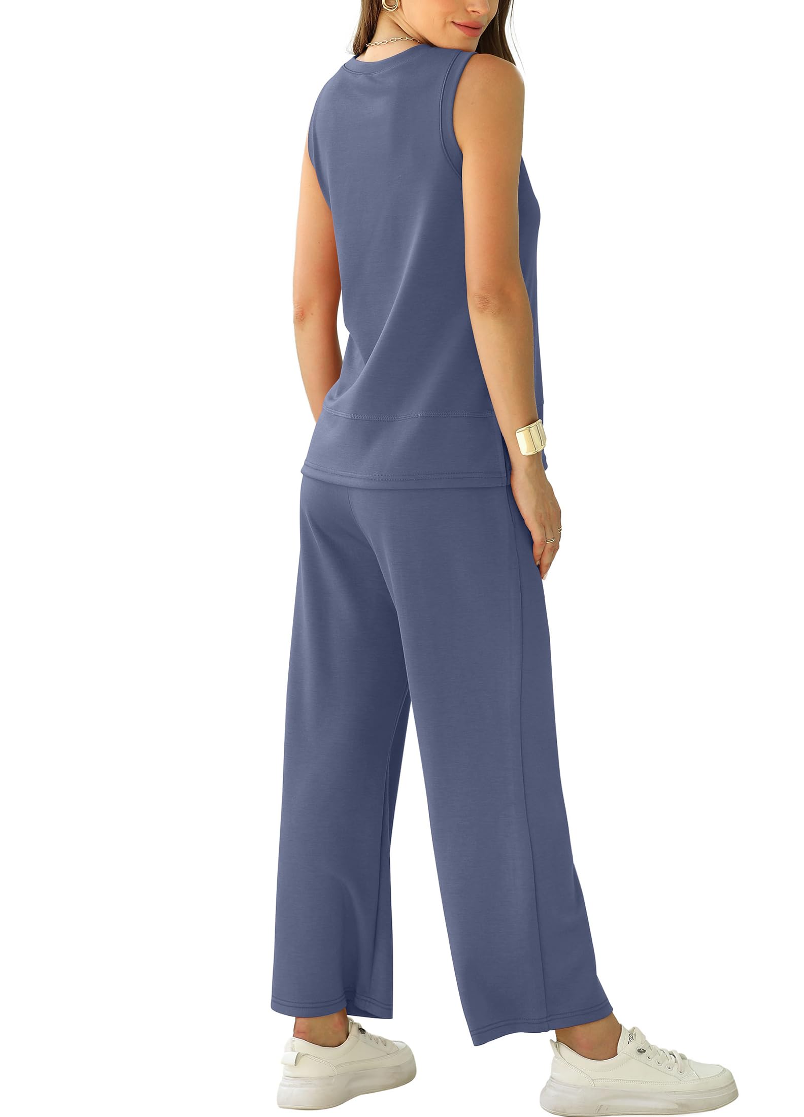 XIEERDUO Women's 2 Piece Tracksuit Set - Summer Sleeveless Lounge Outfit with Wide Leg Pants, Casual Matching Sweatsuit for Women (Blue) - Perfect for Yoga, Gym, Travel & Home Relaxation