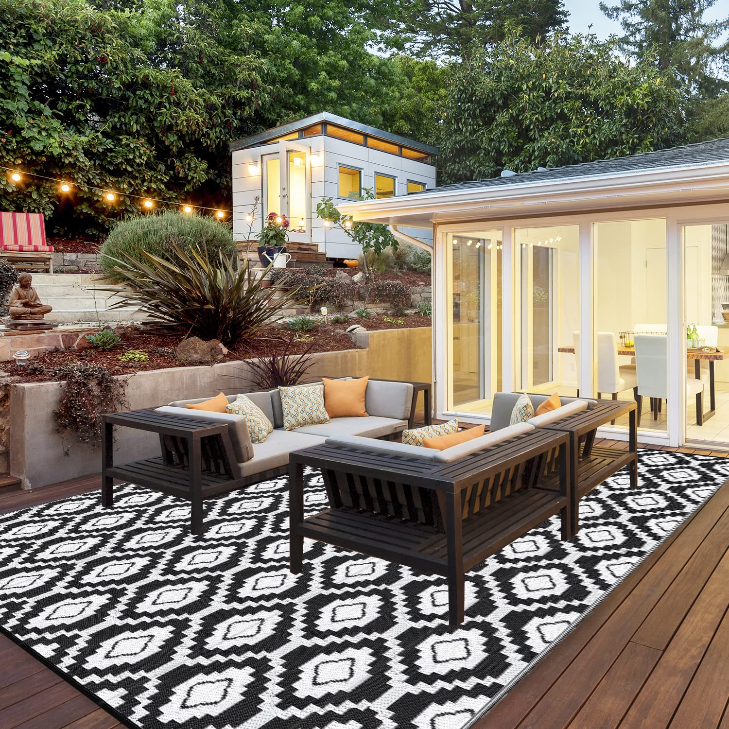 Waterproof Reversible Outdoor Rug for Patio, Camping, RV - Durable Plastic Straw Mat for Indoor/Outdoor Use - Perfect for Porch, Deck, Backyard & Picnic (Black & White) - Ideal for Outdoor Entertaining, Beach Trips and RV Adventures