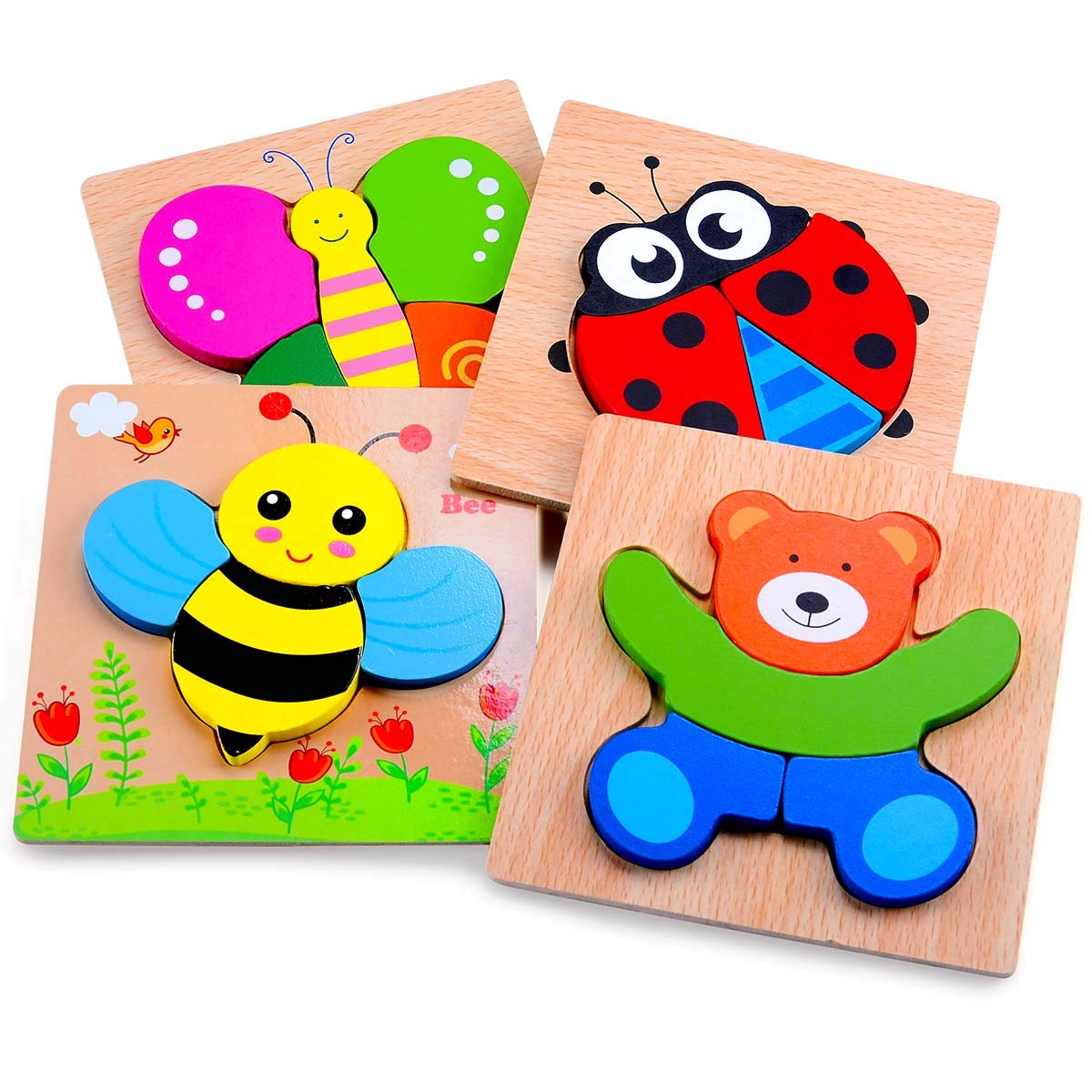 Magifire Wooden Puzzles for Toddlers 1-3 Years - Montessori Learning Toys Set of 4 (Butterfly, Bee, Ladybug, Bear) with Chunky Pieces & Storage Bag - Perfect for Early Childhood Development & Sensory Play