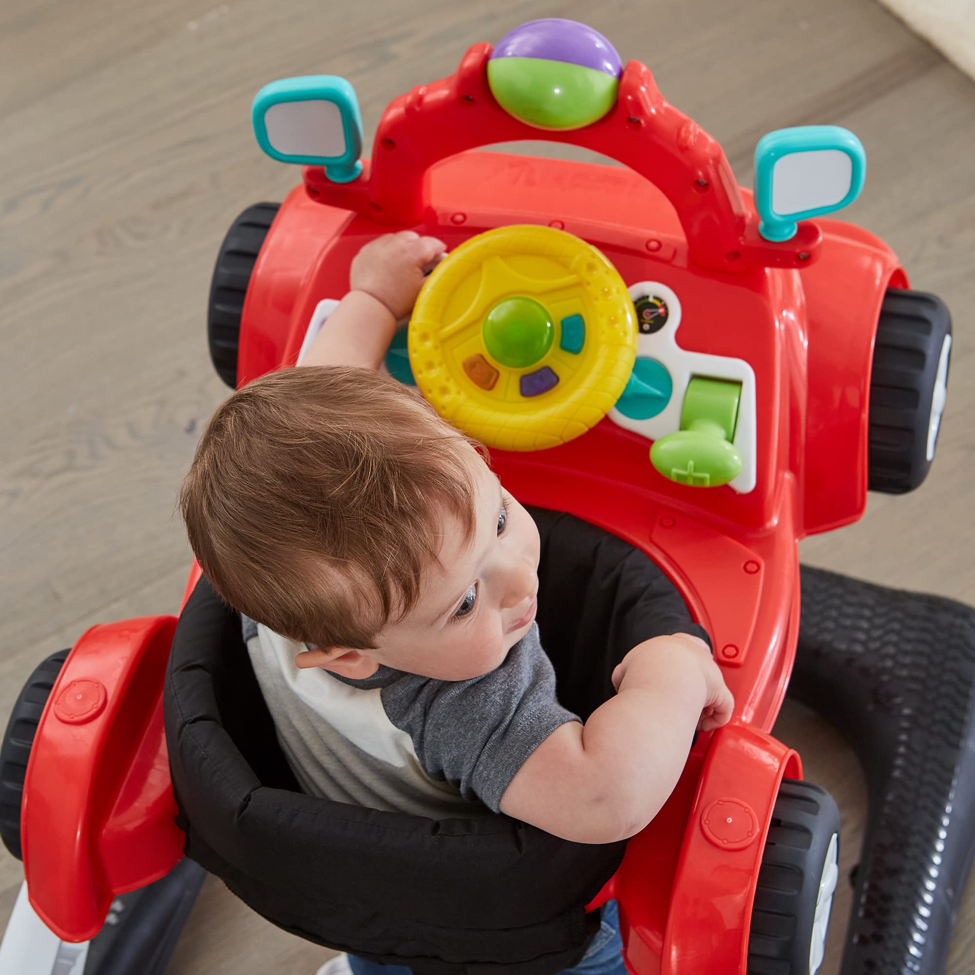 Kolcraft 4x4 2-in-1 Baby Activity Push Walker with Steering Wheel, Lights & Sounds - Interactive Learning Toy for Infants 6-18 Months (Racer Red) | Perfect for Early Walking Development & Indoor Playtime