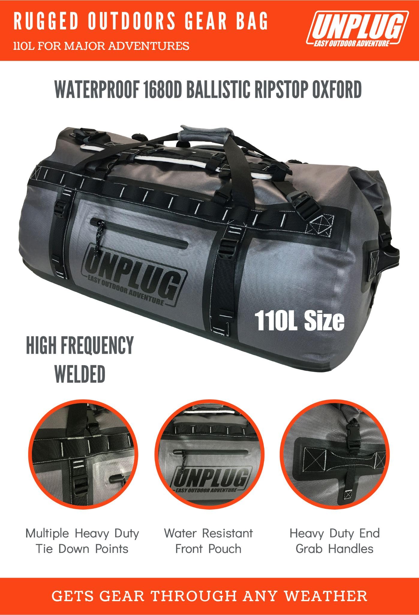 UNPLUG Ultimate Adventure Bag - 1680D Heavy Duty Waterproof Travel Duffel Bag for Camping, Hiking, Motorcycle & Boating | Tactical Duffle Backpack for Outdoor Sports, Travel & Emergency Preparedness