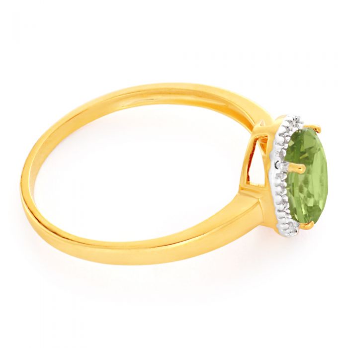9ct Yellow Gold & White Gold Peridot and Diamond Halo Ring - Elegant Birthstone Jewelry for August, Perfect for Engagement, Anniversary & Special Occasion Gifts