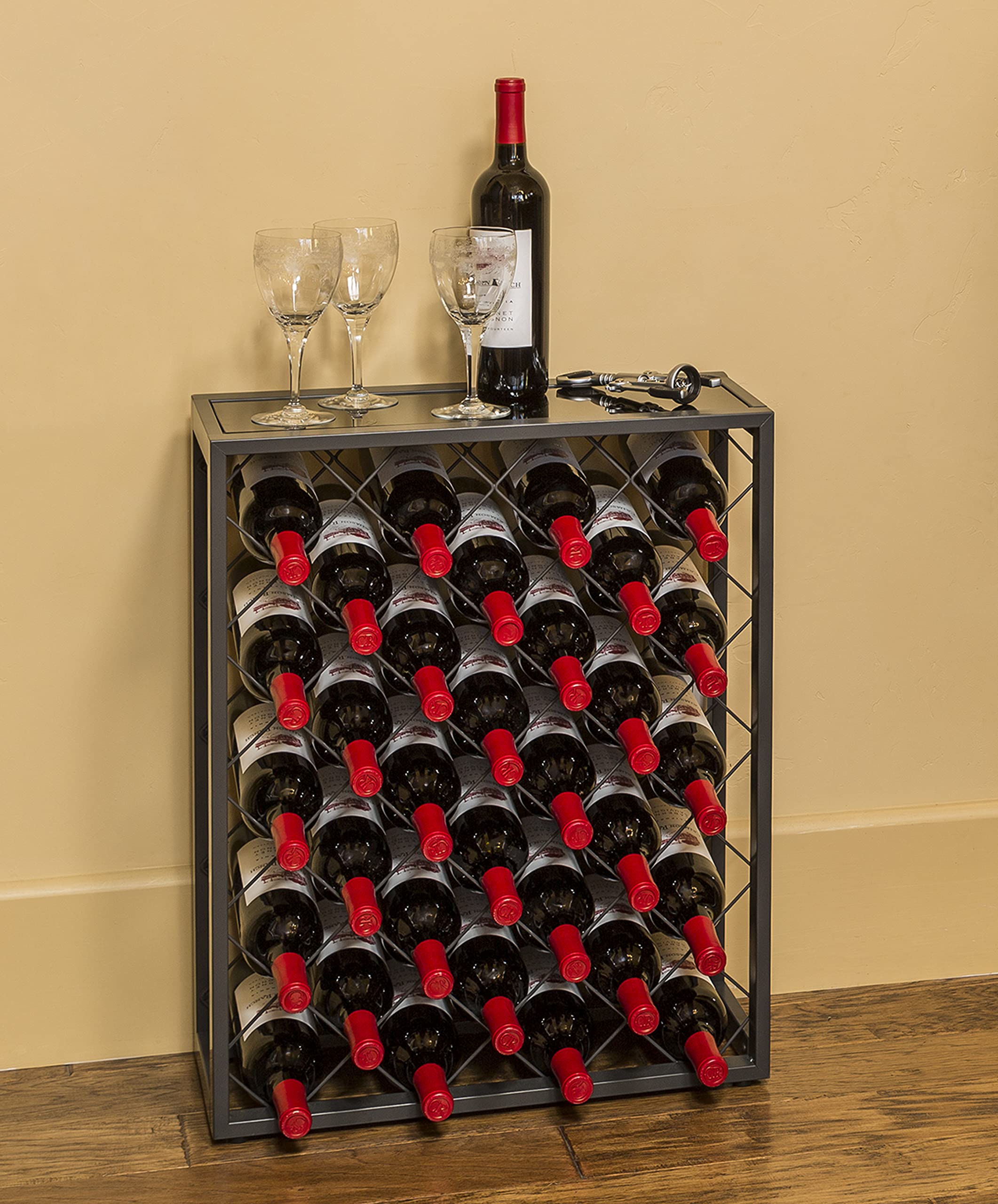 Premium 32-Bottle Mango Wood Wine Rack with Tempered Glass Top Shelf - Freestanding Wine Storage for Home, Kitchen, Bar & Dining Room - Perfect for Wine Cellars, Entertaining & Displaying Your Collection