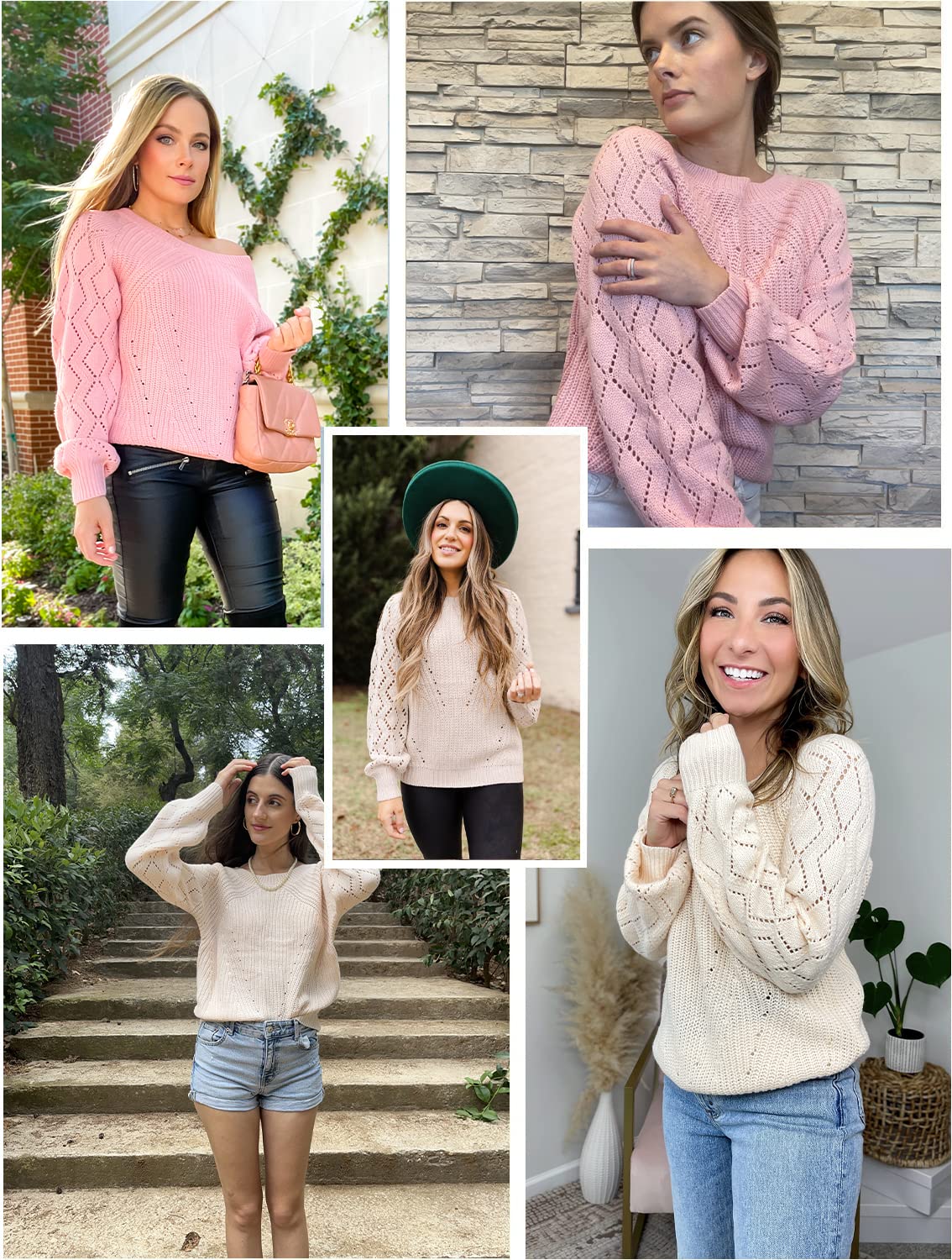 SHEWIN Women's Lightweight Crochet Knit Pullover Sweater - Long Sleeve Crewneck Casual Top for Fall & Winter | Cozy Office Wear, Date Night Outfits, Weekend Layering