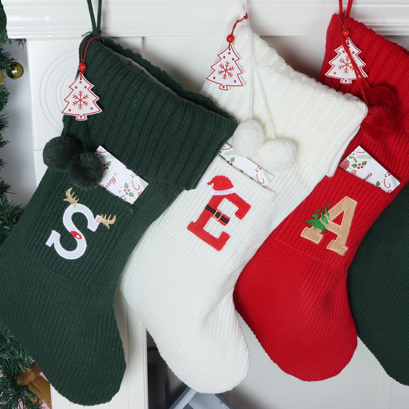 18 Inch Large Knit Personalized Christmas Stockings with Monogram Initial - Family Xmas Home Decor in White, Red & Green - Perfect for Fireplace, Tree & Holiday Decorations