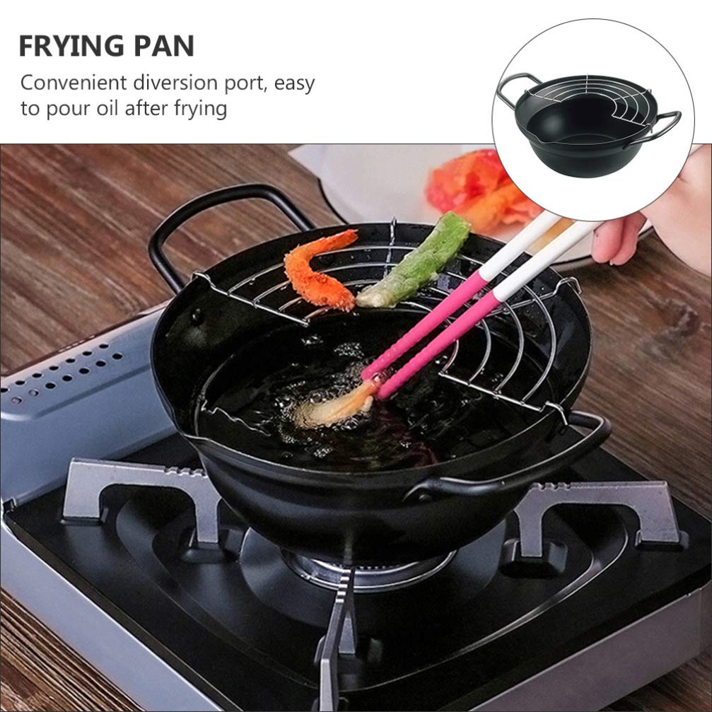 Carbon Steel Deep Fryer Pan with Drainer Rack - Portable Tempura Frying Pot for Home & Restaurant Use - Perfect for Fried Chicken, Donuts & Vegetables