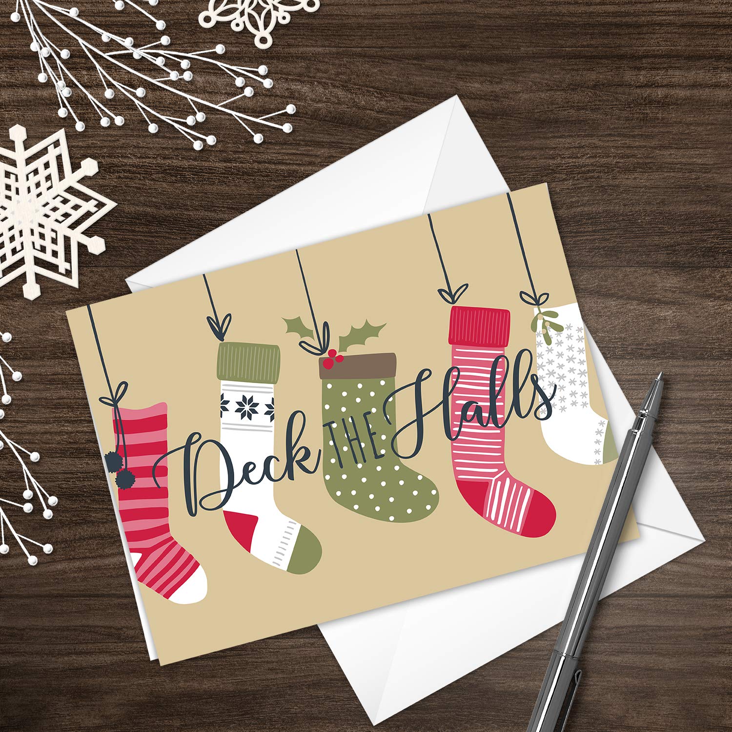 25 Christmas Holiday Greeting Cards with White Envelopes - 5 Festive Winter Designs (4 5/8