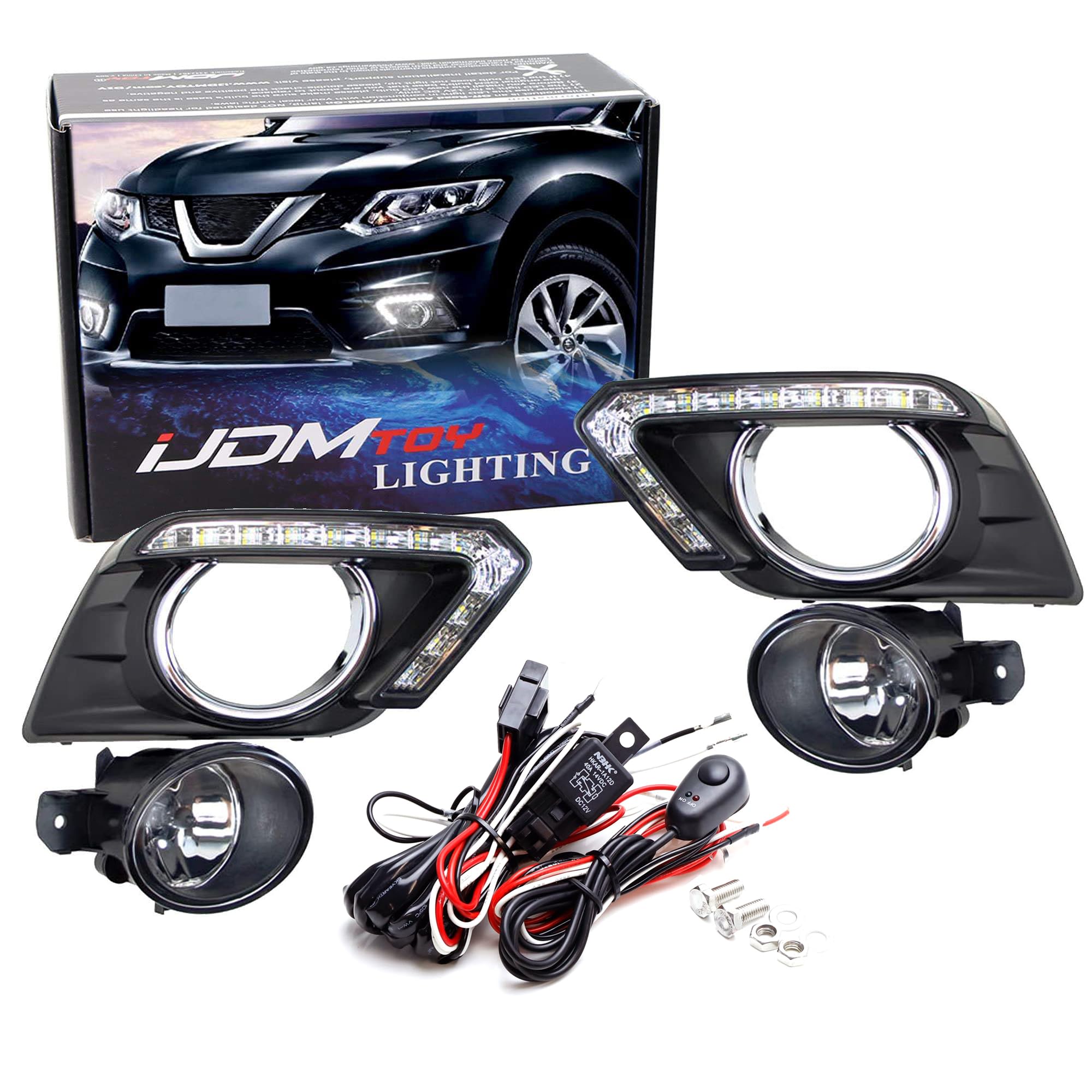 iJDMTOY LED Daytime Running Lights & Halogen Fog Lamp Kit for 2014-2016 Nissan Rogue - Switchback DRL Turn Signal Lamps, Fog Lights, Bezel Covers & Wiring Harness | Perfect for Night Driving & Enhanced Visibility