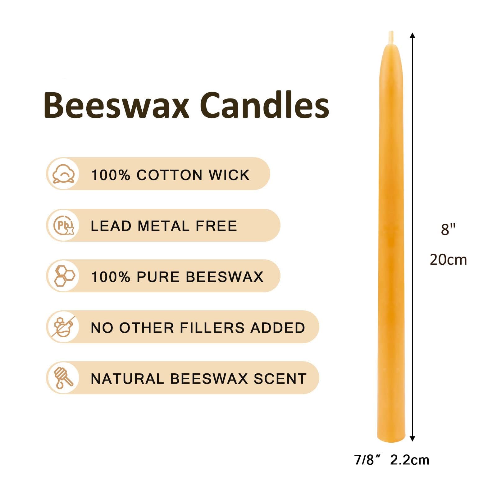 Natural Beeswax Taper Candles 12-Pack - 8 Inch Unscented, Smokeless & Dripless Long-Lasting Candles (8-Hour Burn Time) for Home Decor, Romantic Dinners, Wedding Centerpieces & Holiday Celebrations