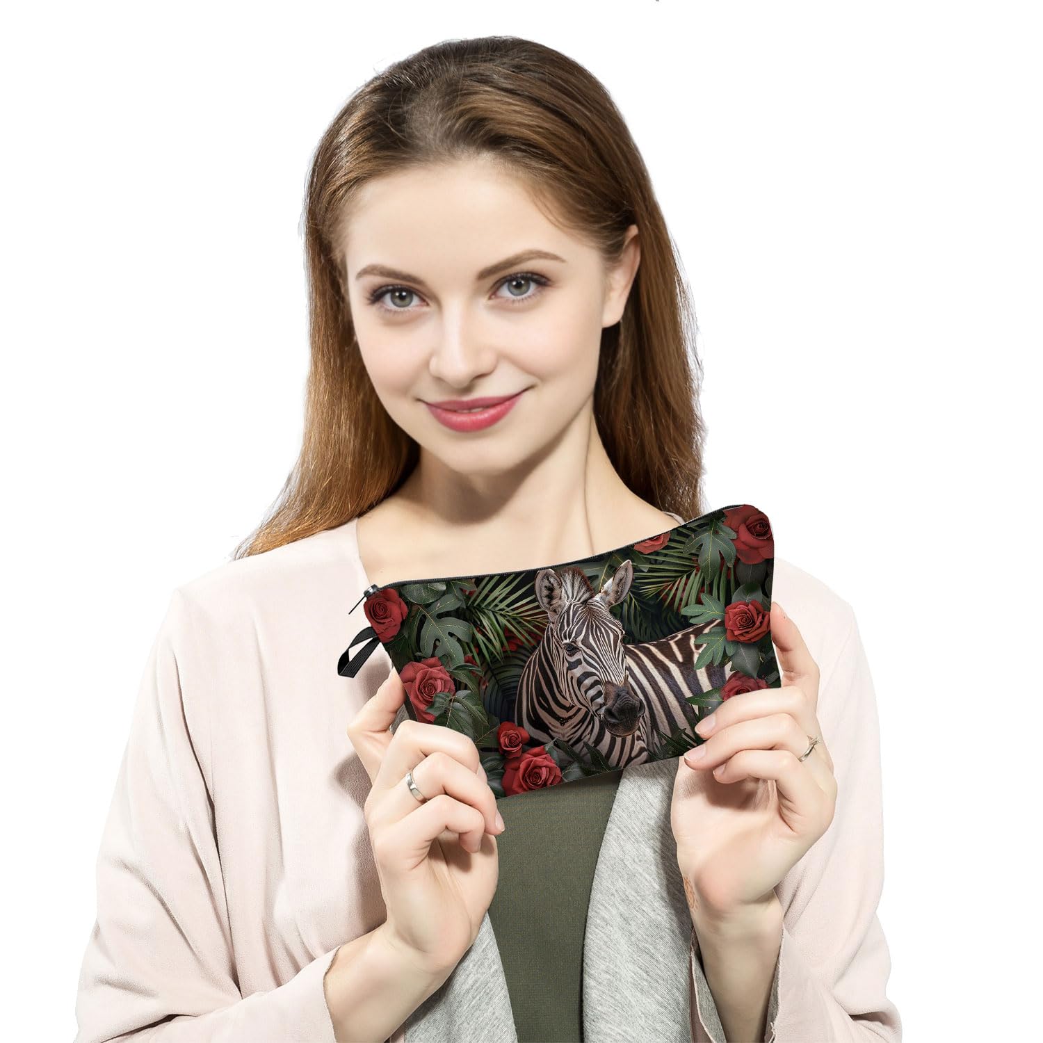 Cute Zebra Print Makeup Bag with Zipper - Floral Cosmetic Organizer Pouch for Women | Perfect Birthday Gift for Zebra Lovers, Sisters & Friends | Great for Travel, Gym & Daily Beauty Essentials Storage