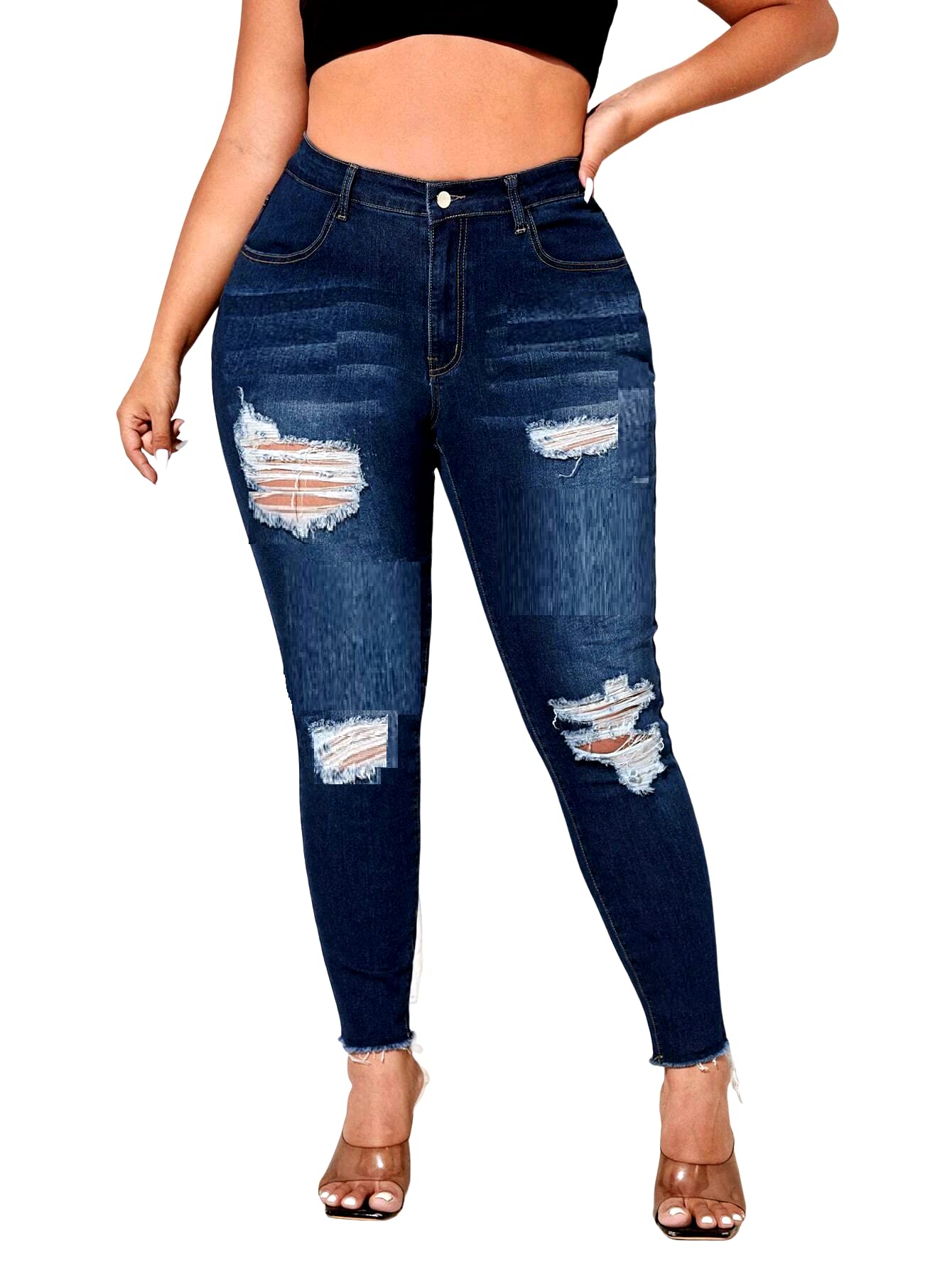 Jack David Women's Plus Size Ripped Destroyed Blue Denim Roll-Up Distressed Jeans - Trendy Casual Pants for Everyday Wear, Street Style & Outfit Pairing