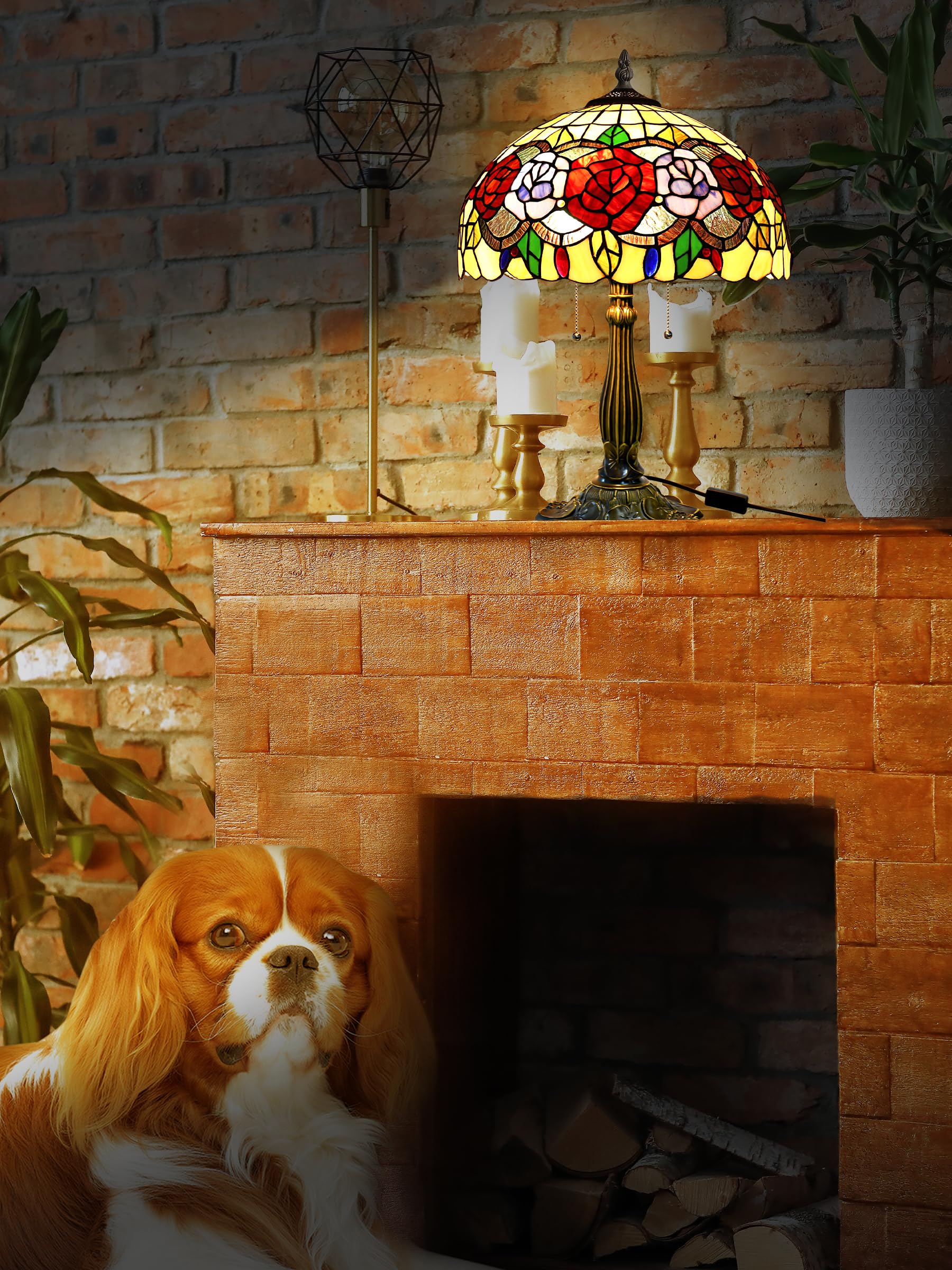 Tiffany Style Stained Glass Rose Table Lamp - 24 Inch Tall, 16 Inch Wide Shade, Antique Zinc Base with 2 Bulbs - Perfect for Living Room, Bedroom, Kitchen & Family Room Decor