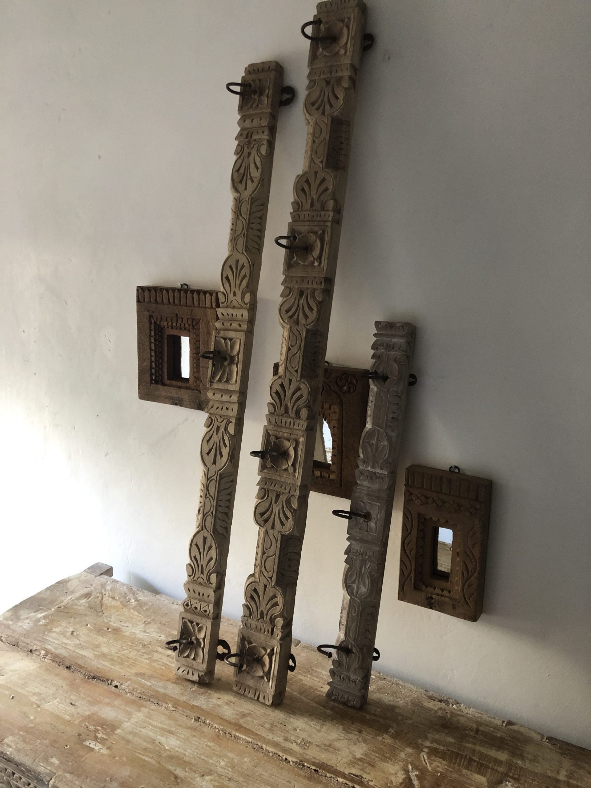 Hand Carved Floral Indian Wooden Coat Rack Wall Hanger with 3 Hooks - 100cm Rustic Home Entryway Organizer for Coats, Hats & Scarves - Perfect for Hallway, Bedroom or Mudroom Decor