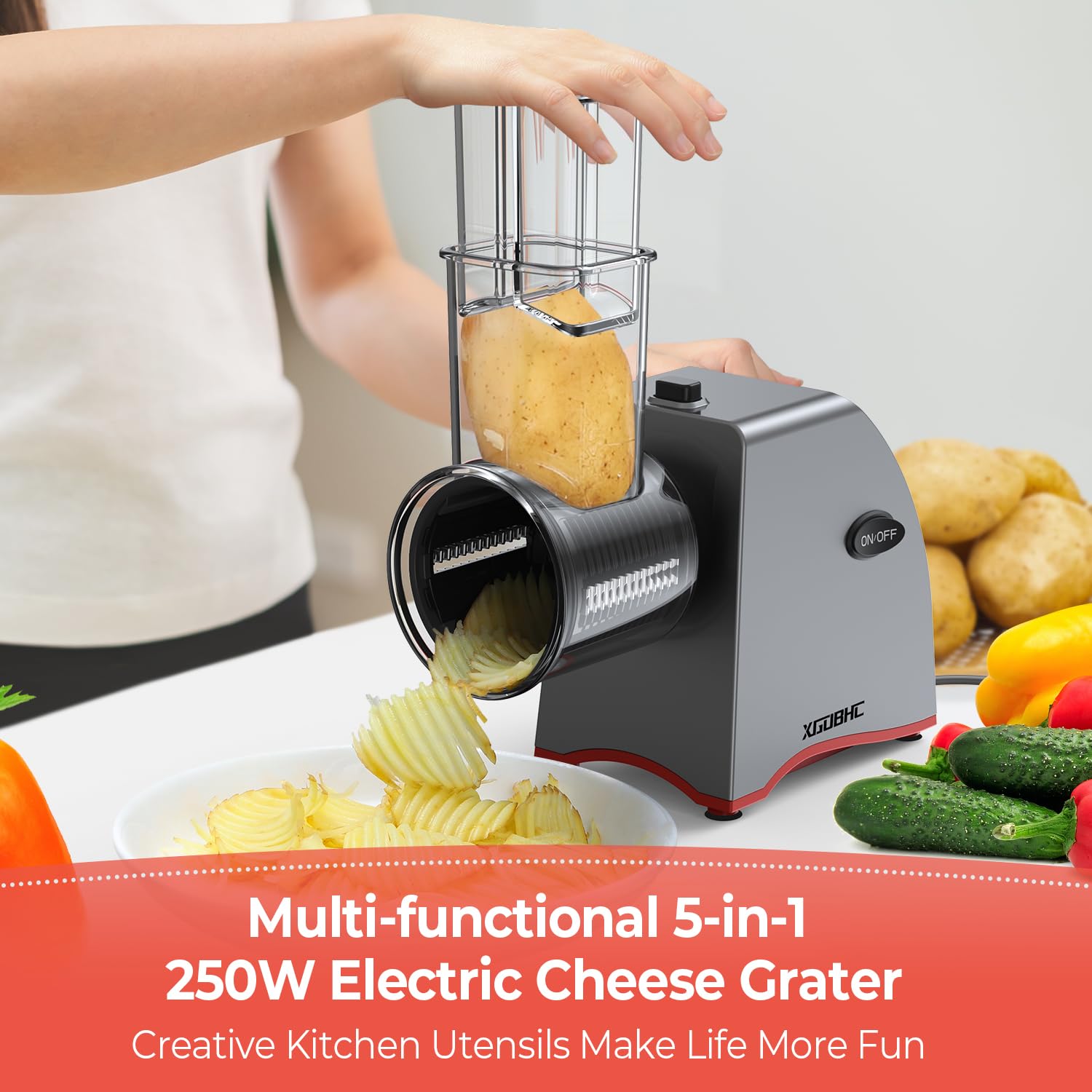 Upgraded 250W Electric Cheese Grater & Vegetable Slicer - 5 Stainless Steel Blades, One-Touch Control for Cheeses, Fruits, Nuts - Perfect for Salads, Pizza Toppings & Meal Prep