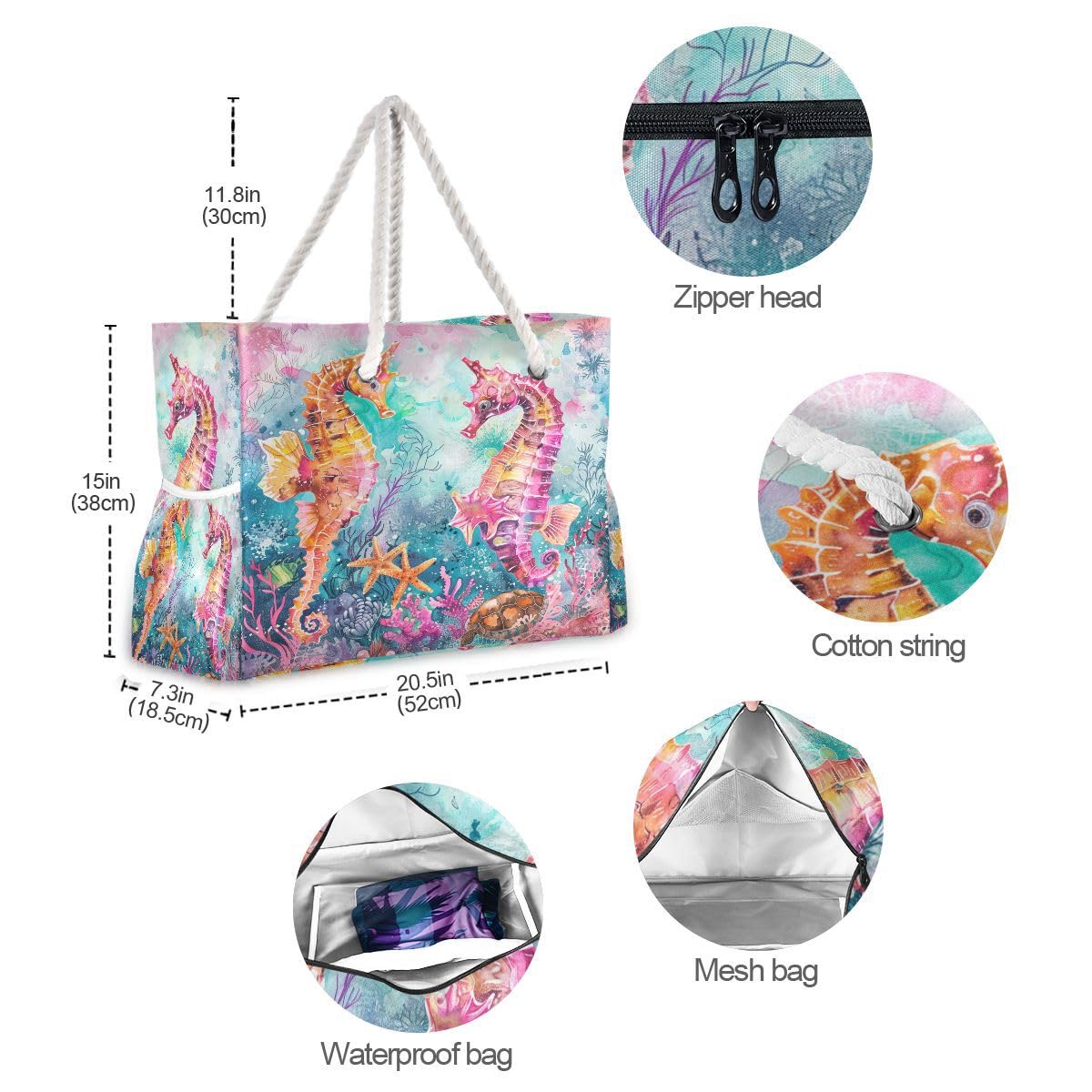Stylish Large Beach Tote Bag for Women - Waterproof Turtle Flower Starfish Design Pool Shoulder Bag | Perfect for Beach Vacation, Swimming Pool, Summer Outings & Shopping