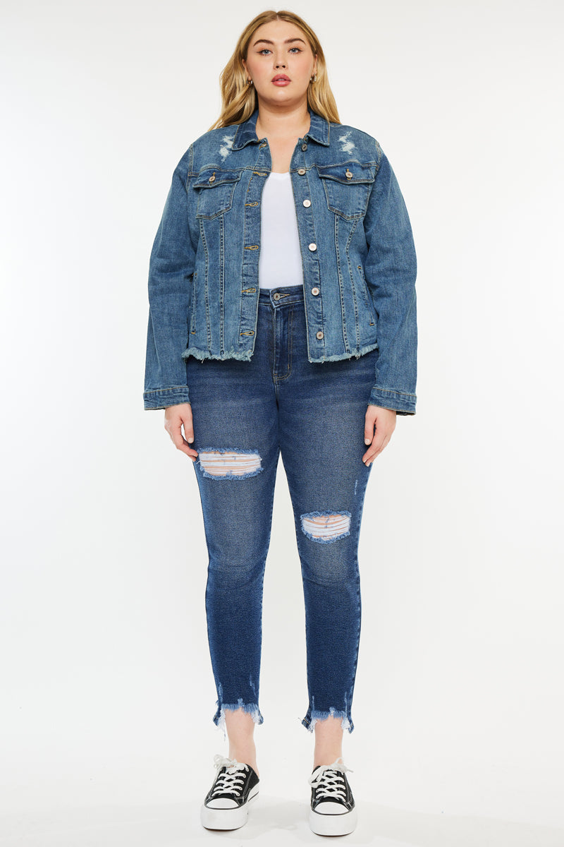 Loren Plus Size Denim Jacket for Women - Vintage Distressed Blue Jean Jacket with Stretch Comfort | Perfect for Casual Outfits, Fall Layering & Streetwear Fashion