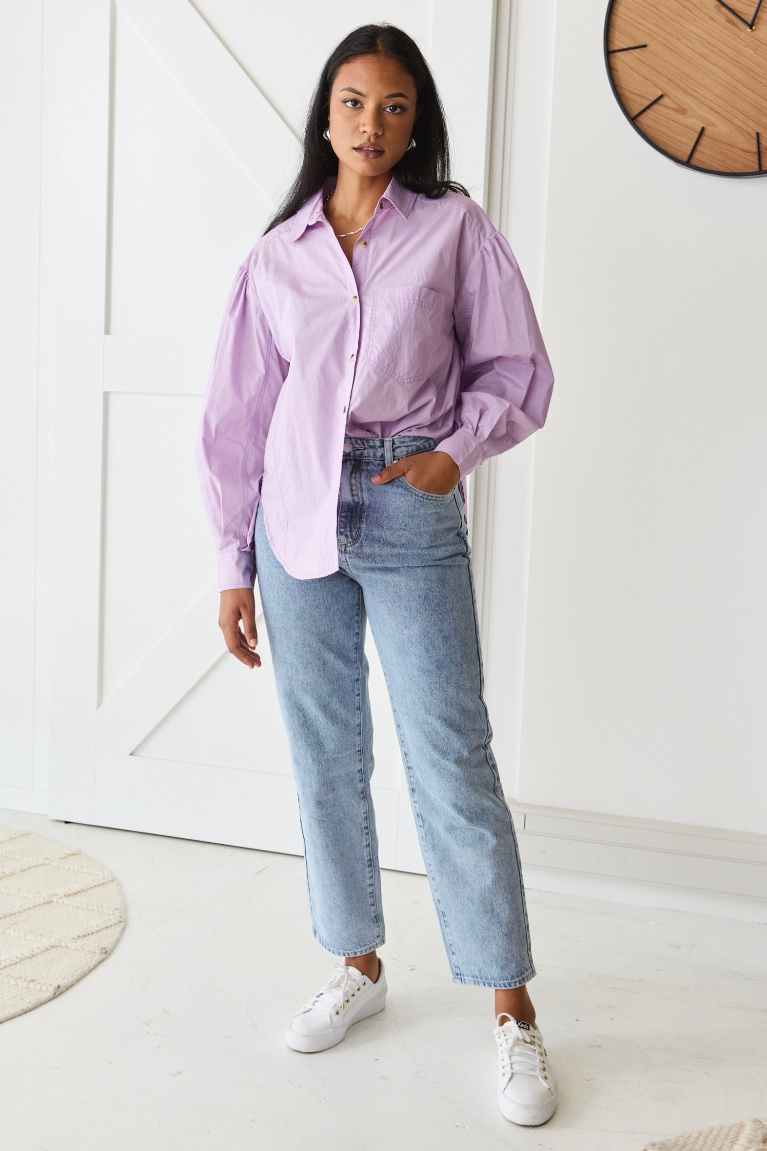 Breezy Lilac Poplin Drop Shoulder Long Sleeve Shirt for Women - Casual Loose Fit Blouse for Spring & Summer Outfits