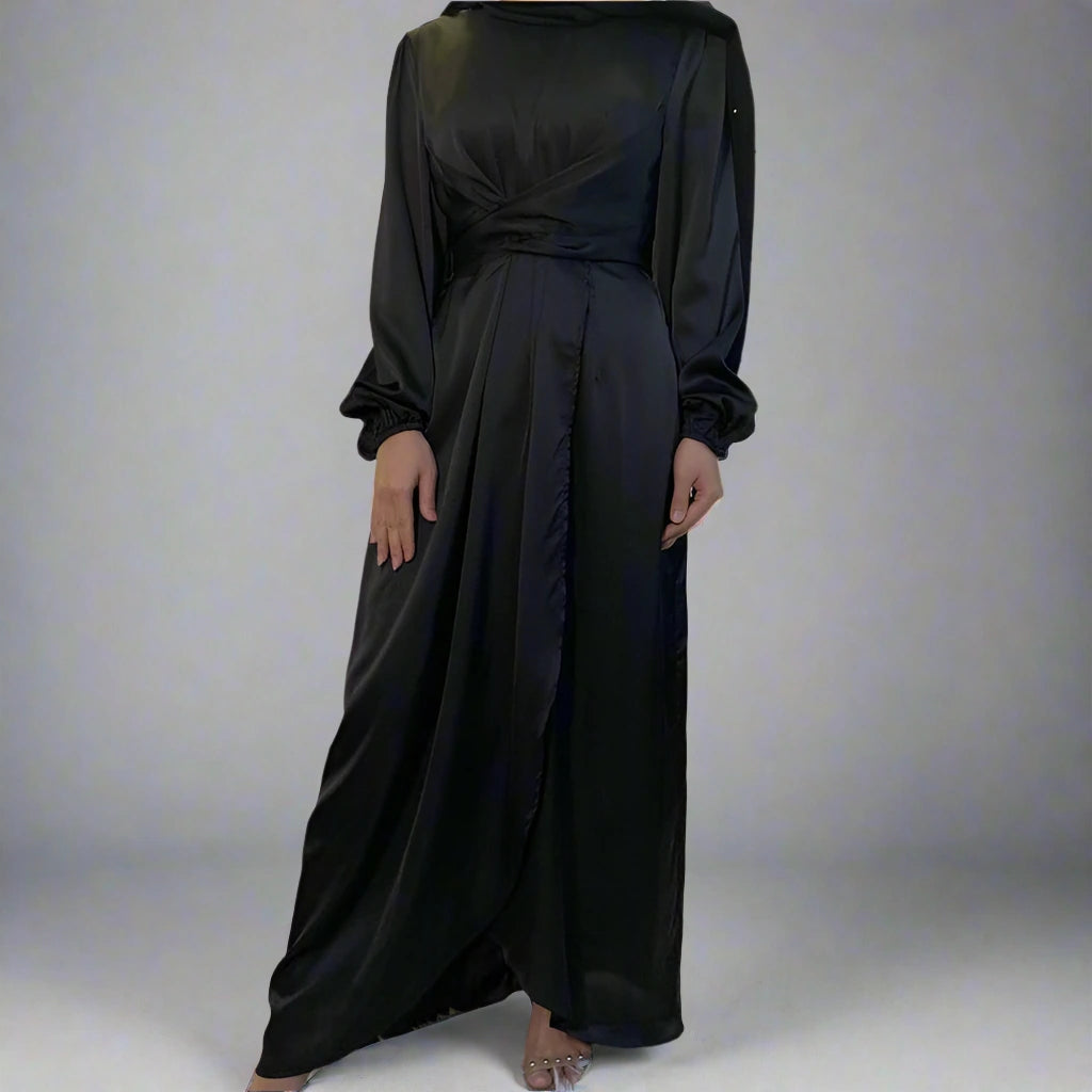 Elegant Muslim Tunic Satin Abaya Dress for Women - Modest Islamic Prayer Dress & Evening Wear - Perfect for Eid, Mosque, and Special Occasions