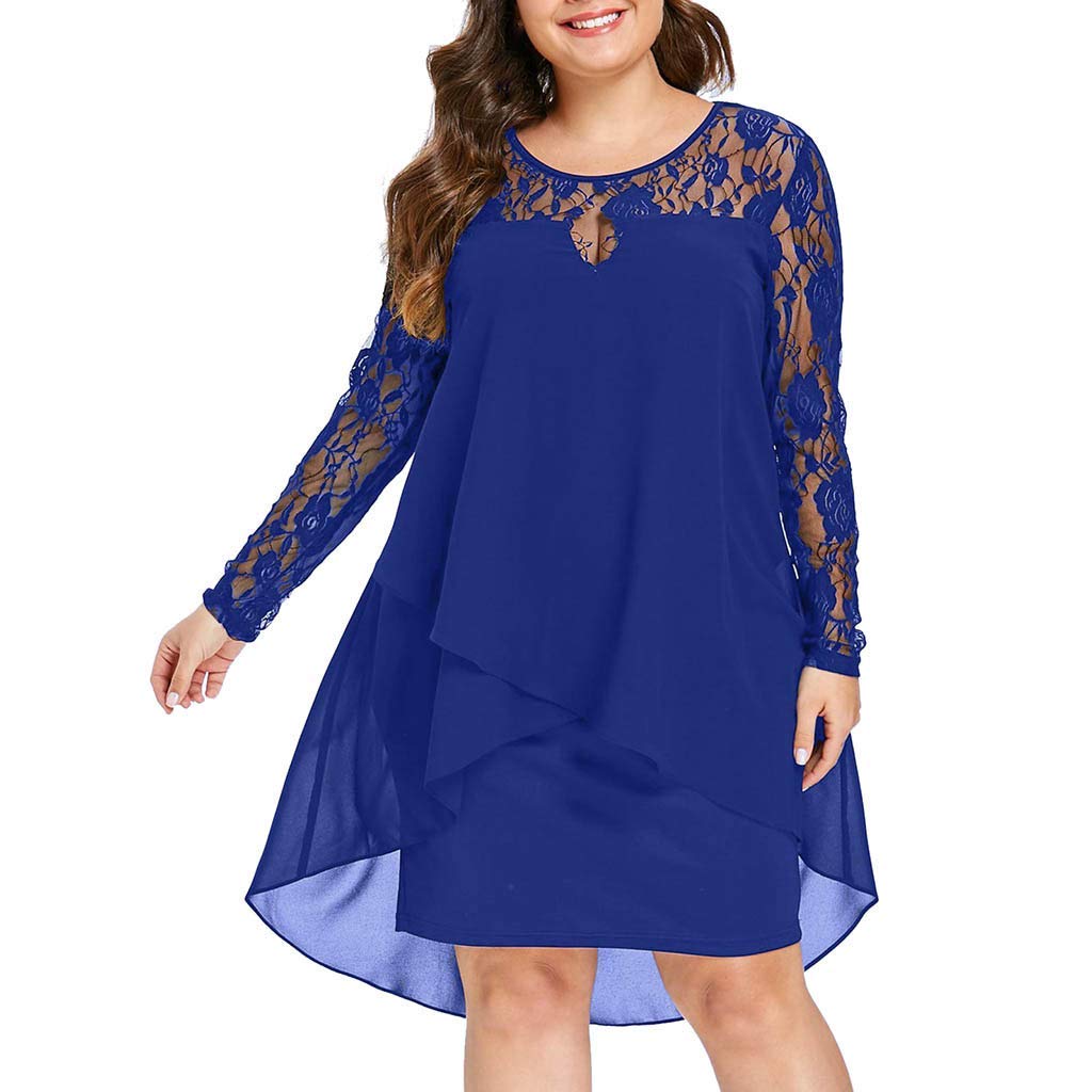 Elegant Plus Size Loose Chiffon Dress for Women with Lace Floral Design - High Low Hem Evening Gown for Cocktail Party, Wedding Guest, Date Night & Special Occasions