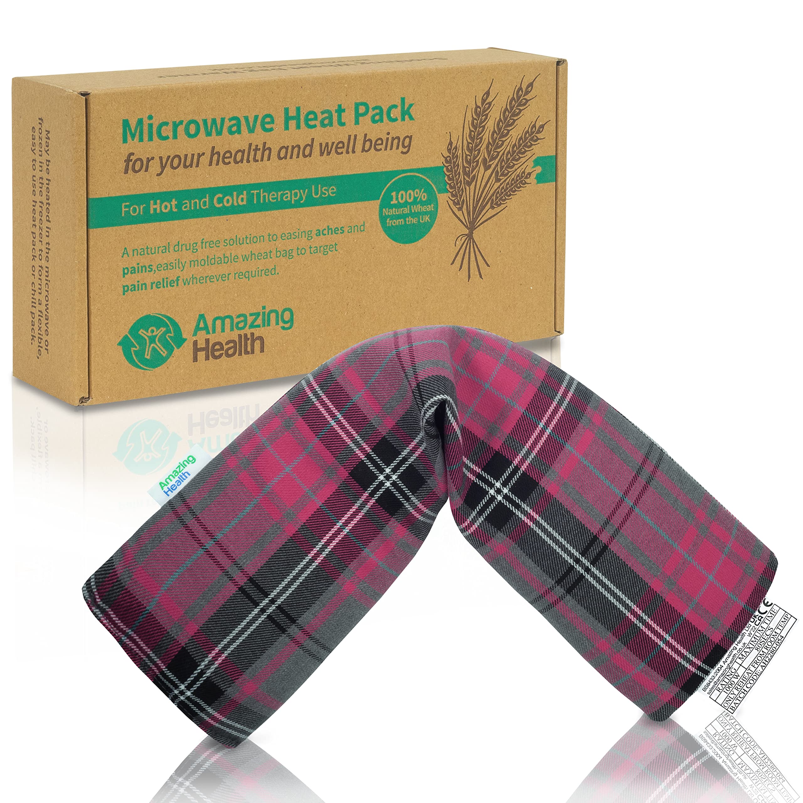 Unscented Microwave Wheat Bag - UK Made, Pink Tartan Cotton, Heat Therapy for Pain Relief - Perfect for Neck, Shoulder & Back Pain Relief at Home or Office