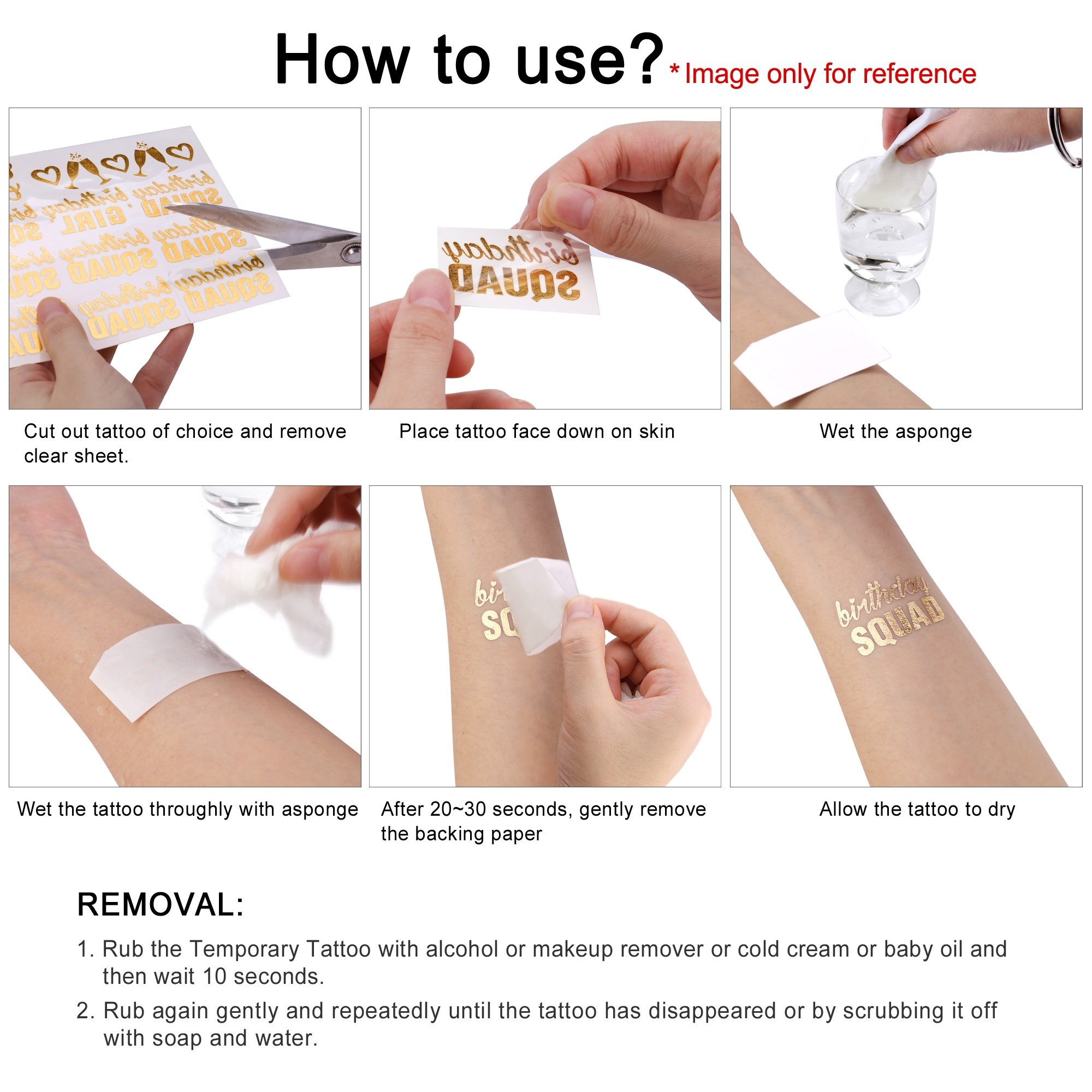 Konsait Metallic Temporary Tattoos for Girls - 32 Fun Birthday Designs (Birthday Girl, Birthday SQUAD, Cheers) - Perfect for Kids Birthday Parties, Celebration Favors & Party Bag Fillers - Great for Birthday Decorations, Photo Props & Themed Events