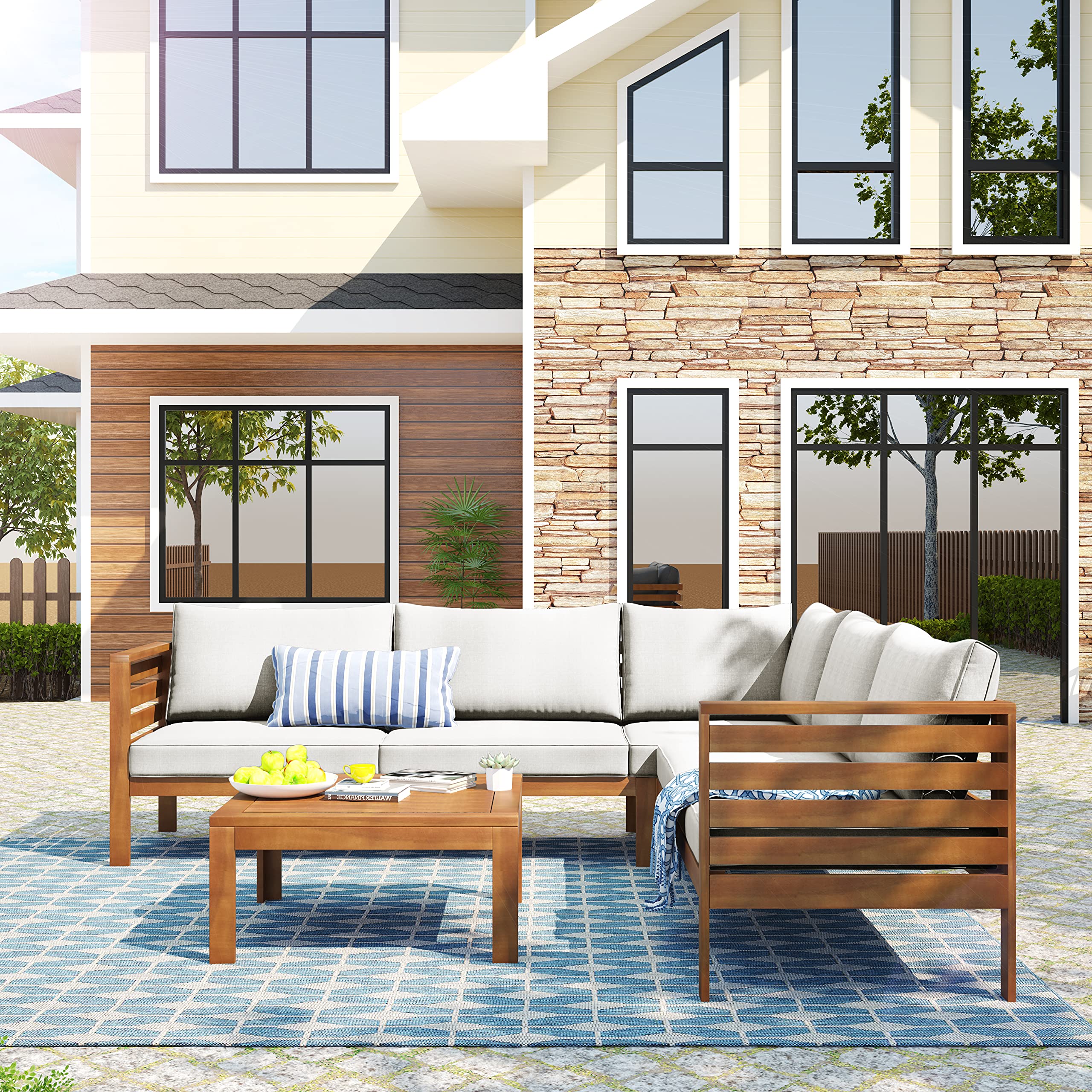 4-Piece Outdoor Patio Furniture Set - Wooden Sectional Sofa with Cushions & Coffee Table - Waterproof Conversation Set for Garden, Backyard, Deck & Indoor Use