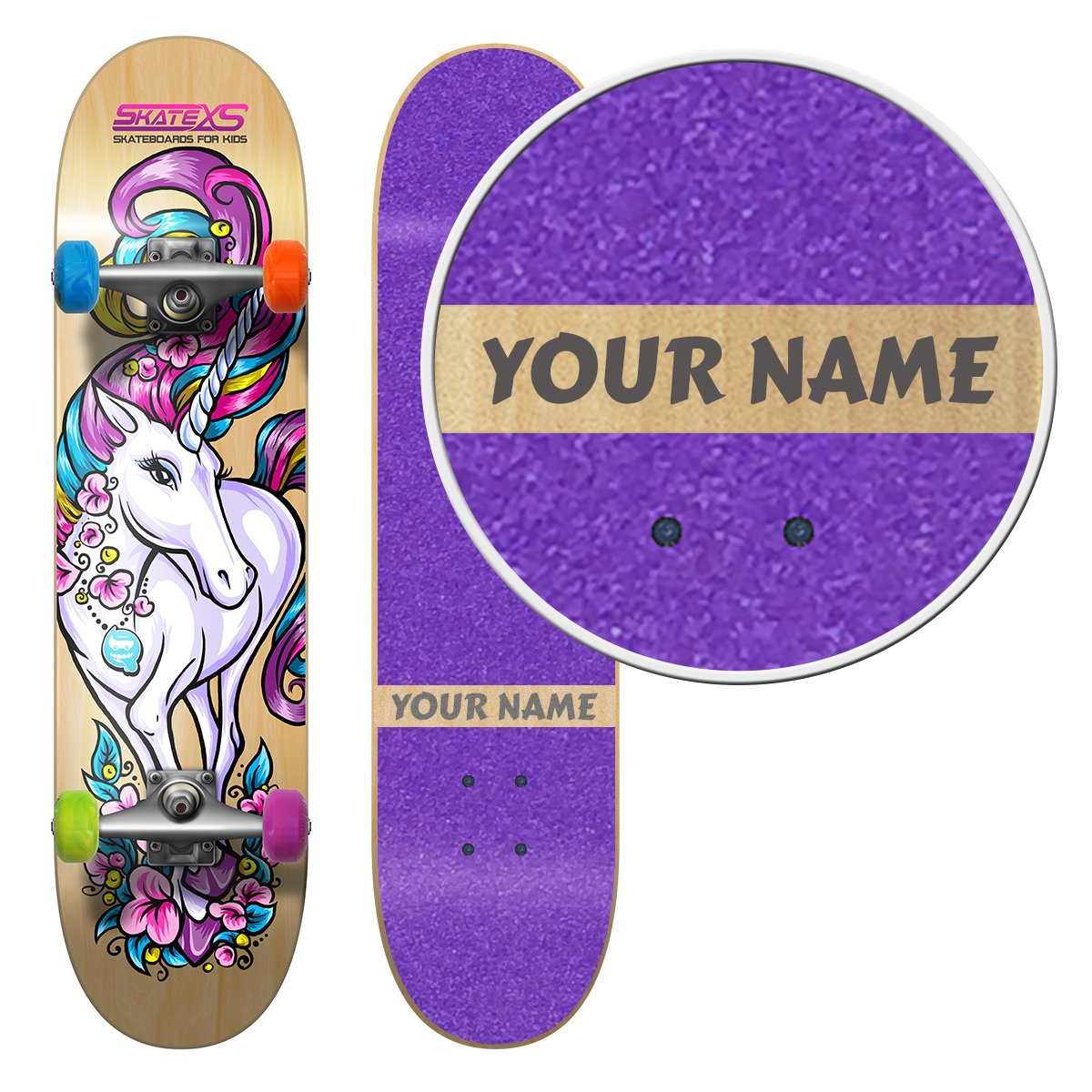 Personalized SkateXS Beginner Unicorn Girls Skateboard - Custom Kids Skateboard for Girls Ages 6-12 - Perfect for Birthday Gifts, Outdoor Play & Skate Park Fun