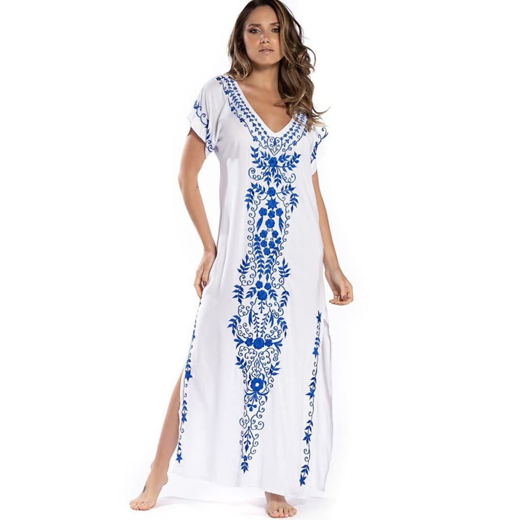 Plus Size Women's V-Neck Short Sleeve Embroidery Beach Dress - Flowy Summer Tunic for Vacation, Poolside & Casual Outings (One Size, Color A)