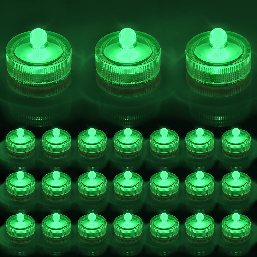 Waterproof Submersible LED Lights - 24pcs Mini Tea Lights for Glass Vases, Aquariums, Weddings & Parties | Underwater LED Candle Lamps for Centerpieces, Showers, Fountains & Home Decor Crafts (Green)