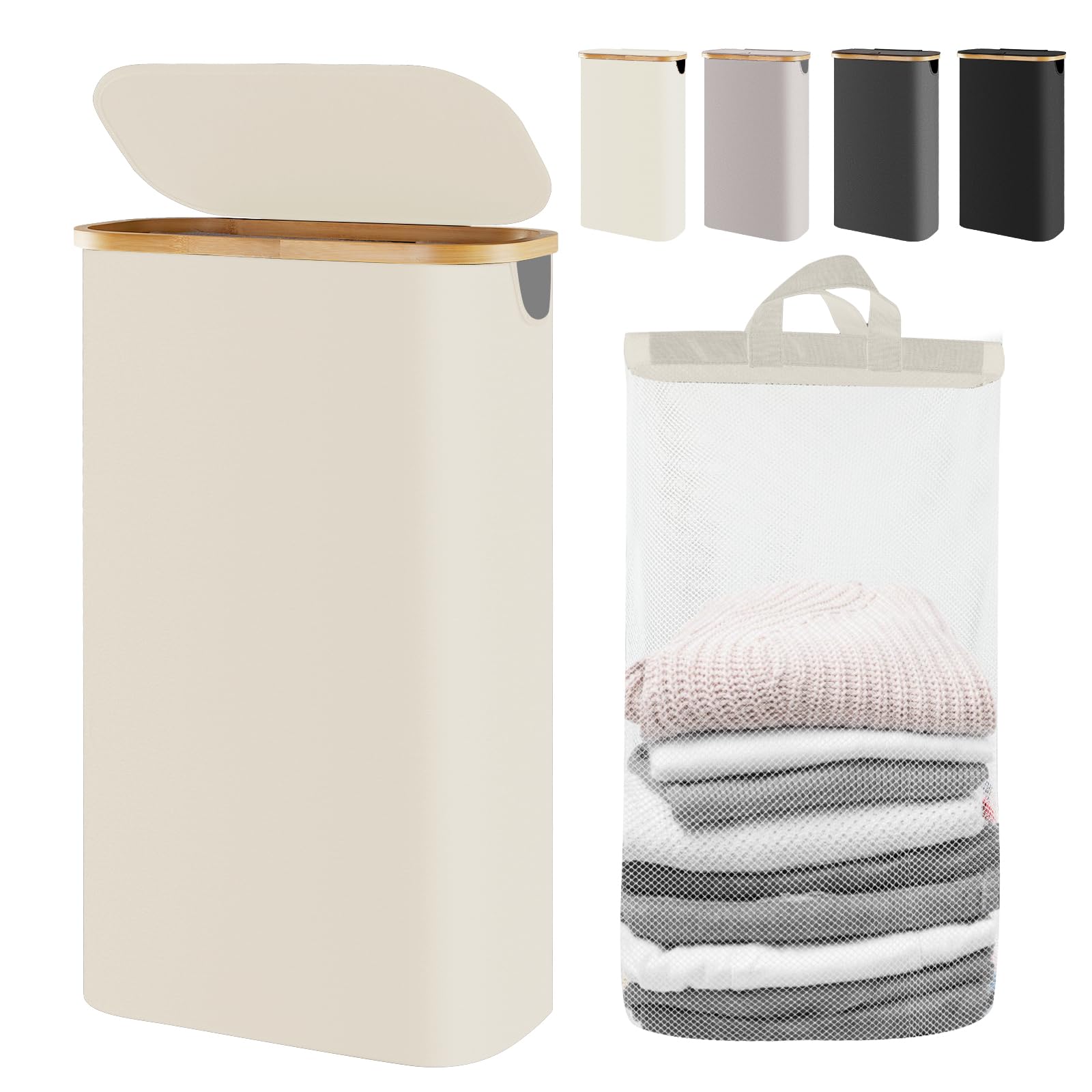 65L Slim Laundry Hamper with Lid & Removable Bag - Collapsible Dirty Clothes Basket with Bamboo Handles - Space Saving Narrow Hamper for Small Spaces - Perfect for Bedroom, Bathroom, Laundry Room & Dorm Organization
