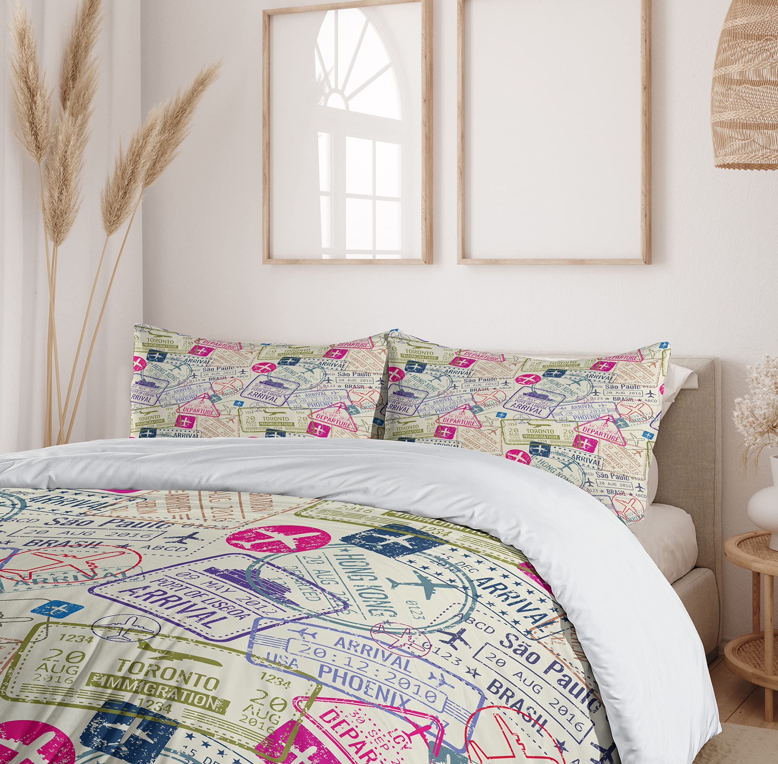 Ambesonne King Size Travel Themed Duvet Cover Set - Passport & Visa Stamp Design with Toronto, Hong Kong, Berlin Prints | 3-Piece Bedding Set Includes 2 Pillow Shams in Eggshell & Pink | Perfect for Wanderlust Bedrooms, Guest Rooms & Travel-Inspired Home Decor