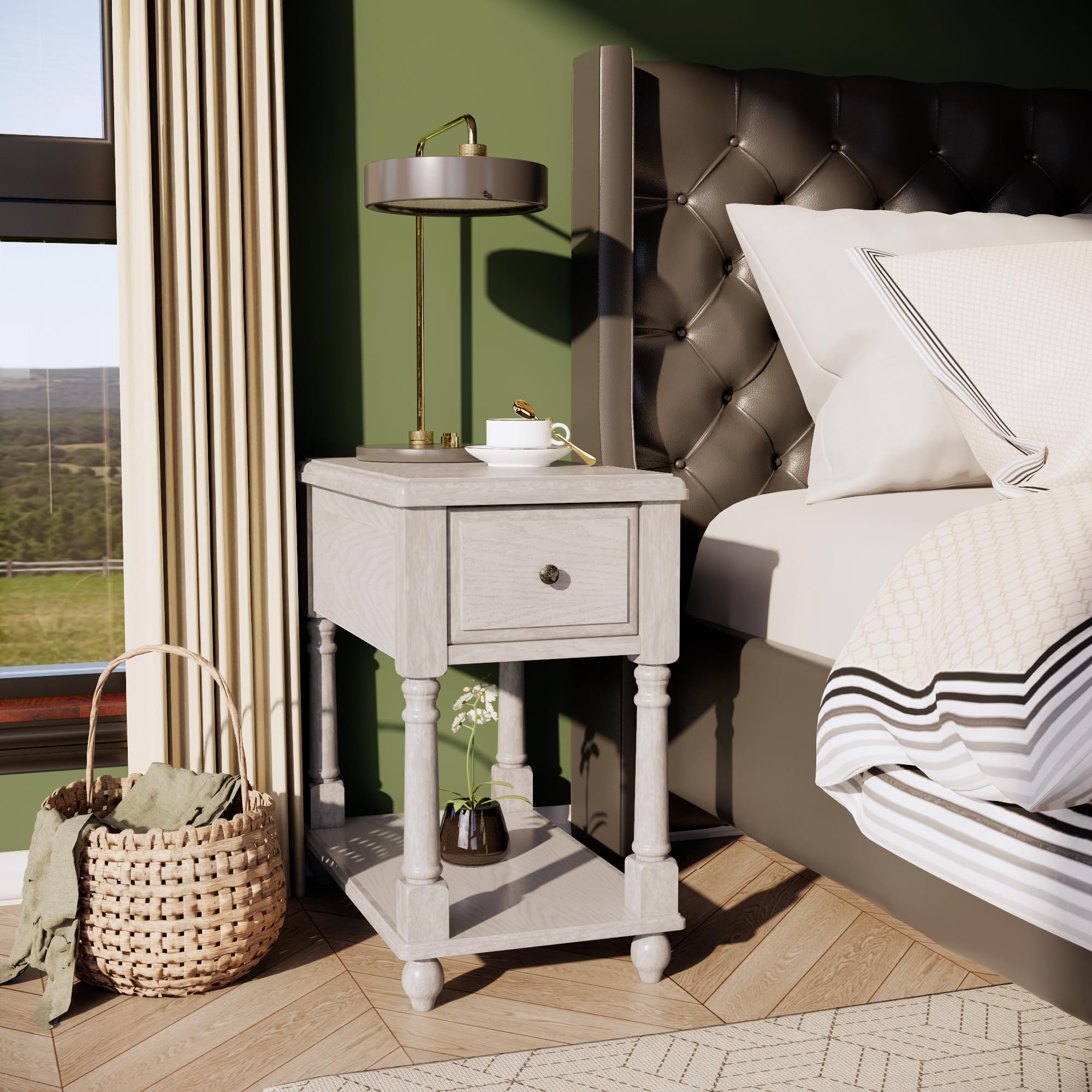 Solid Wood Narrow End Table with Drawer - Slim Sofa Side Table with Storage Shelves & Easy Assembly (22