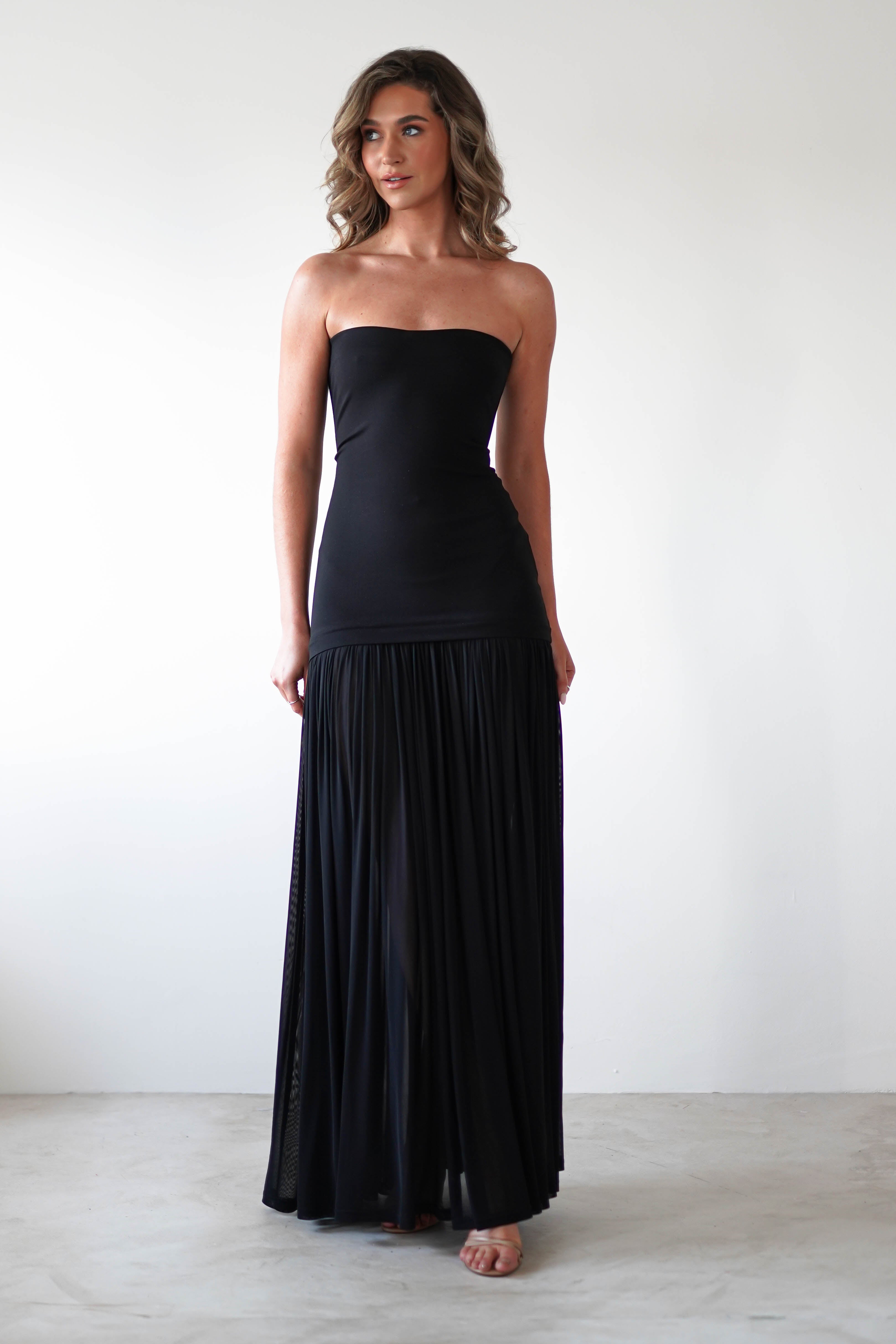 Elegant Black Strapless Chiffon Maxi Skirt Dress for Women - Perfect for Summer Weddings, Beach Vacations & Evening Parties