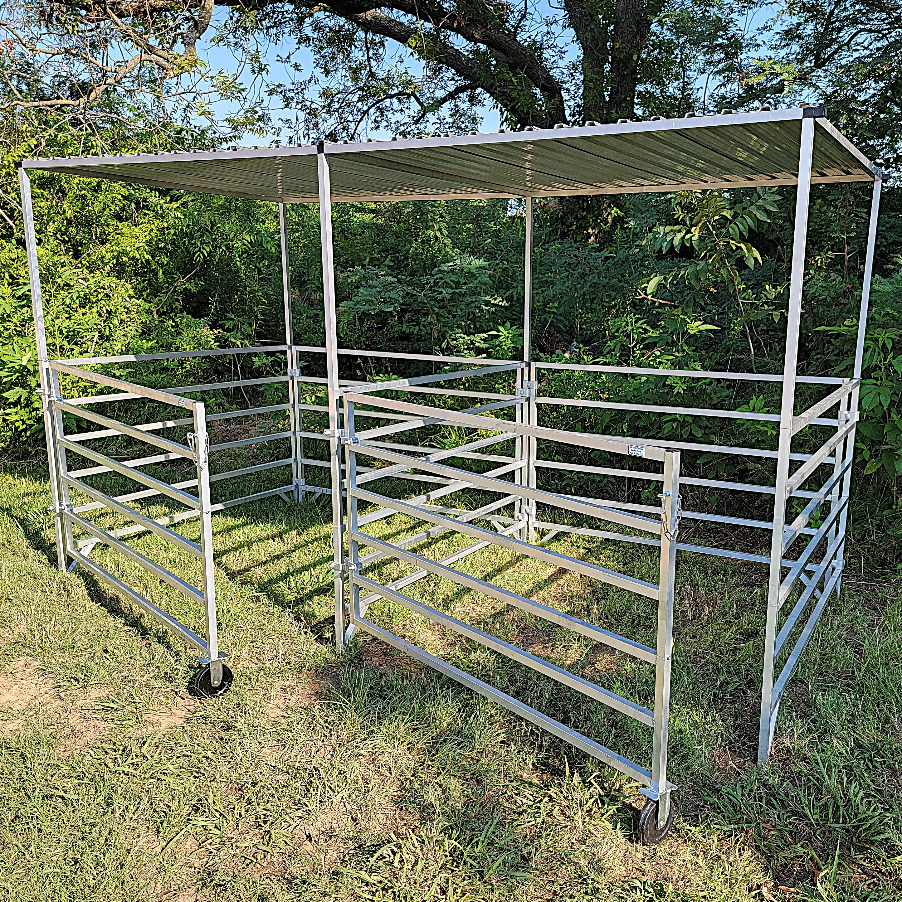 **5 Ft x 5 Ft Aluminum 6-Rail Add-On Stall Kit with Canopy (2 Panels, 1 Gate, 1 Canopy) – Perfect for Horse Stalls, Livestock Pens, and Farm Enclosures**