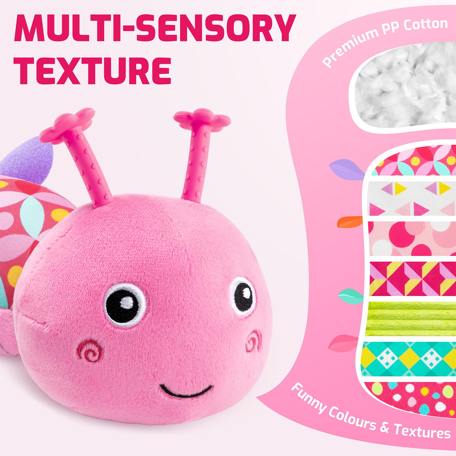 Sumobaby Musical Stuffed Animal Toy for Babies 0-12 Months - Multi-Sensory Infant Toy with Crinkle Sounds & Rattles - Tummy Time Developmental Toy for Newborn Boys & Girls (Pink Caterpillar) - Perfect for Nursery Playtime, Sensory Stimulation & Early Learning