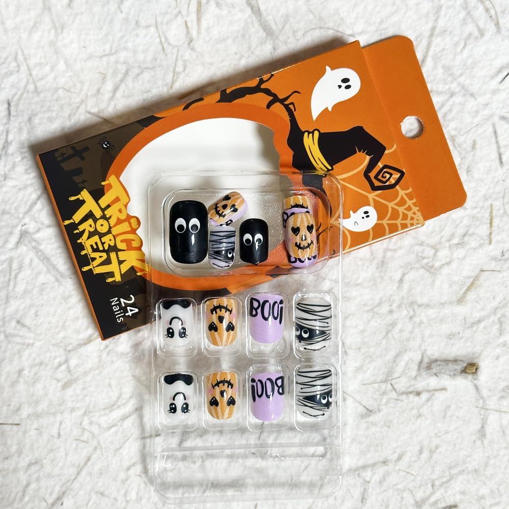 24Pcs Halloween Press on Nails - Short Square Fake Nails with Cute Mummy Design, Full Cover Glossy Stick on Nails for Women & Girls | Perfect for Halloween Parties, Costume Events & Nail Art Decor