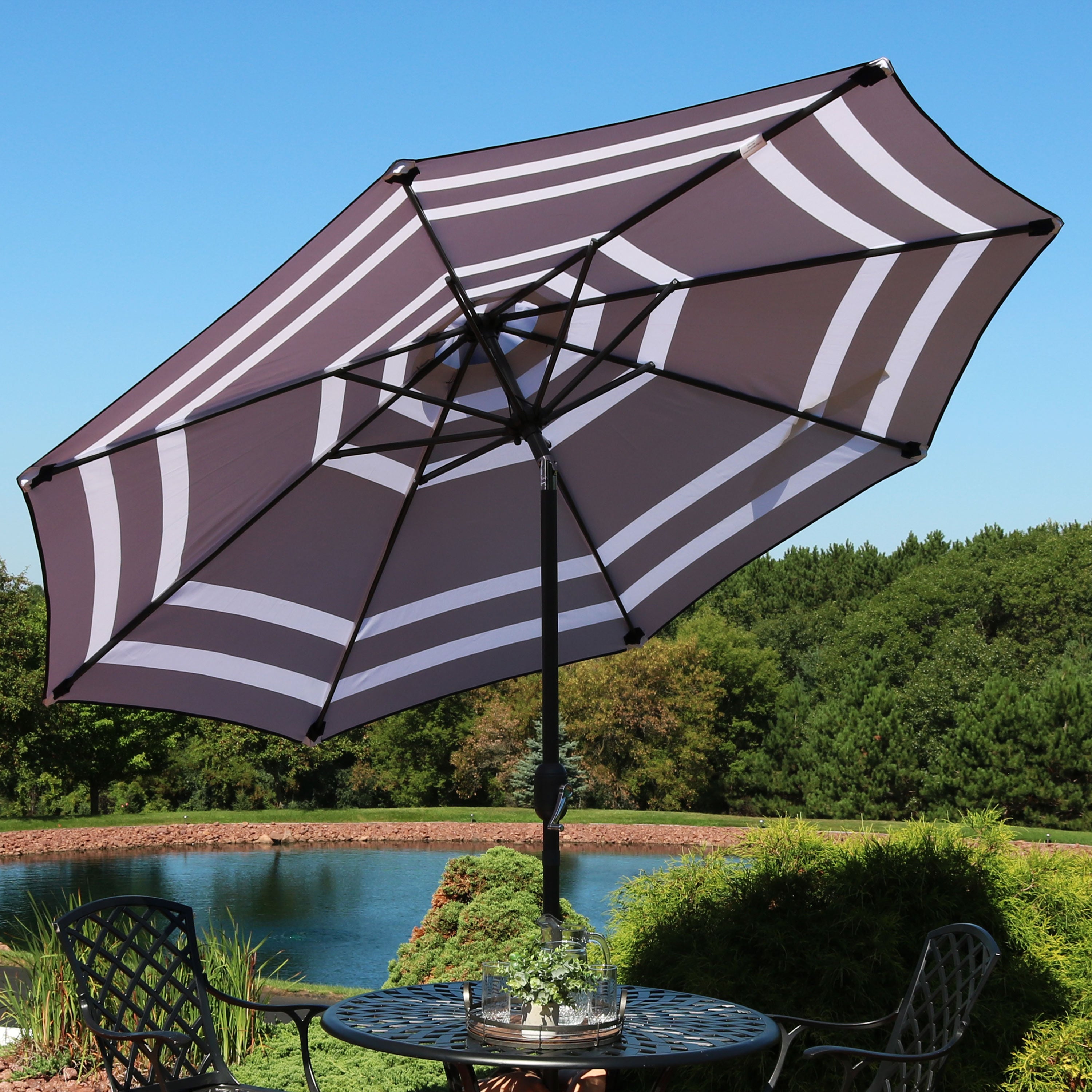Sunnydaze 9-Foot Striped Outdoor Patio Umbrella with Push Button Tilt & Easy Crank Lift - Perfect for Poolside, Backyard, Garden, and Deck Shade