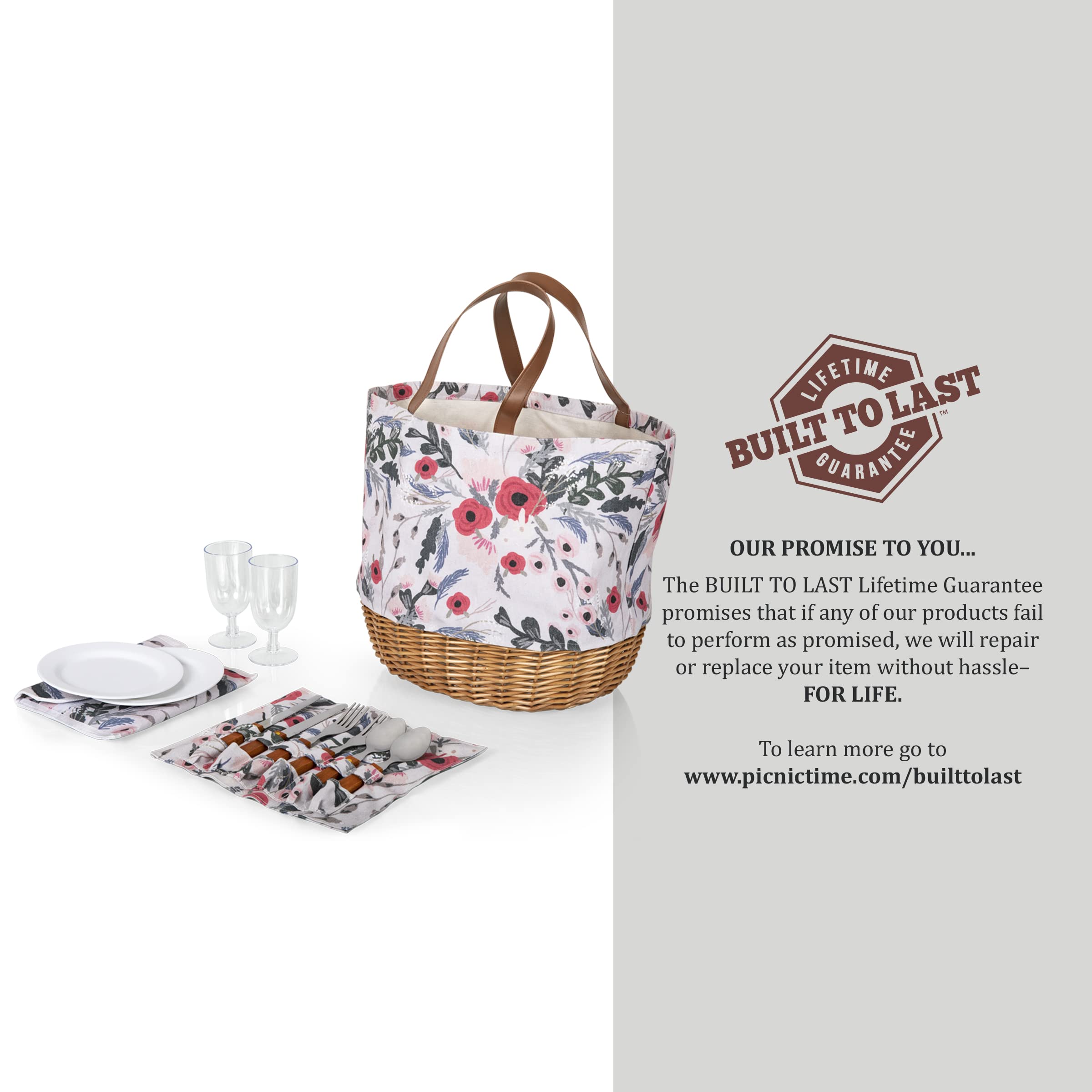 PICNIC TIME Promenade Picnic Basket for 2 - Canvas & Willow Picnic Set with Utensils, Wine Glasses & Plates (Floral Design) - Perfect for Romantic Dates, Outdoor Picnics & Beach Getaways