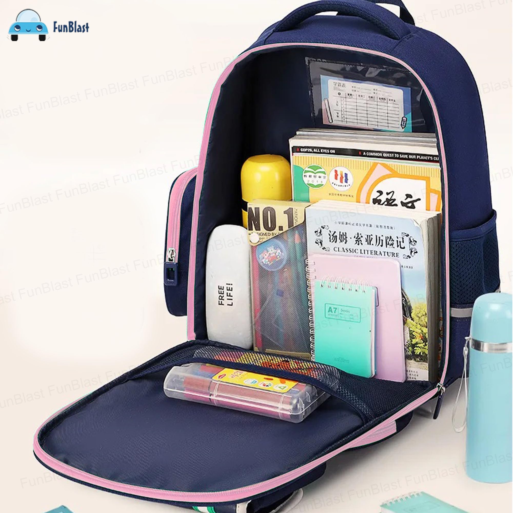 FunBlast Kids Backpack for School & Travel - Lightweight Waterproof Backpack for Boys & Girls with Multiple Pockets & Comfortable Shoulder Straps | Perfect for School, Day Trips, Picnics & Outdoor Activities (Blue-Pink)