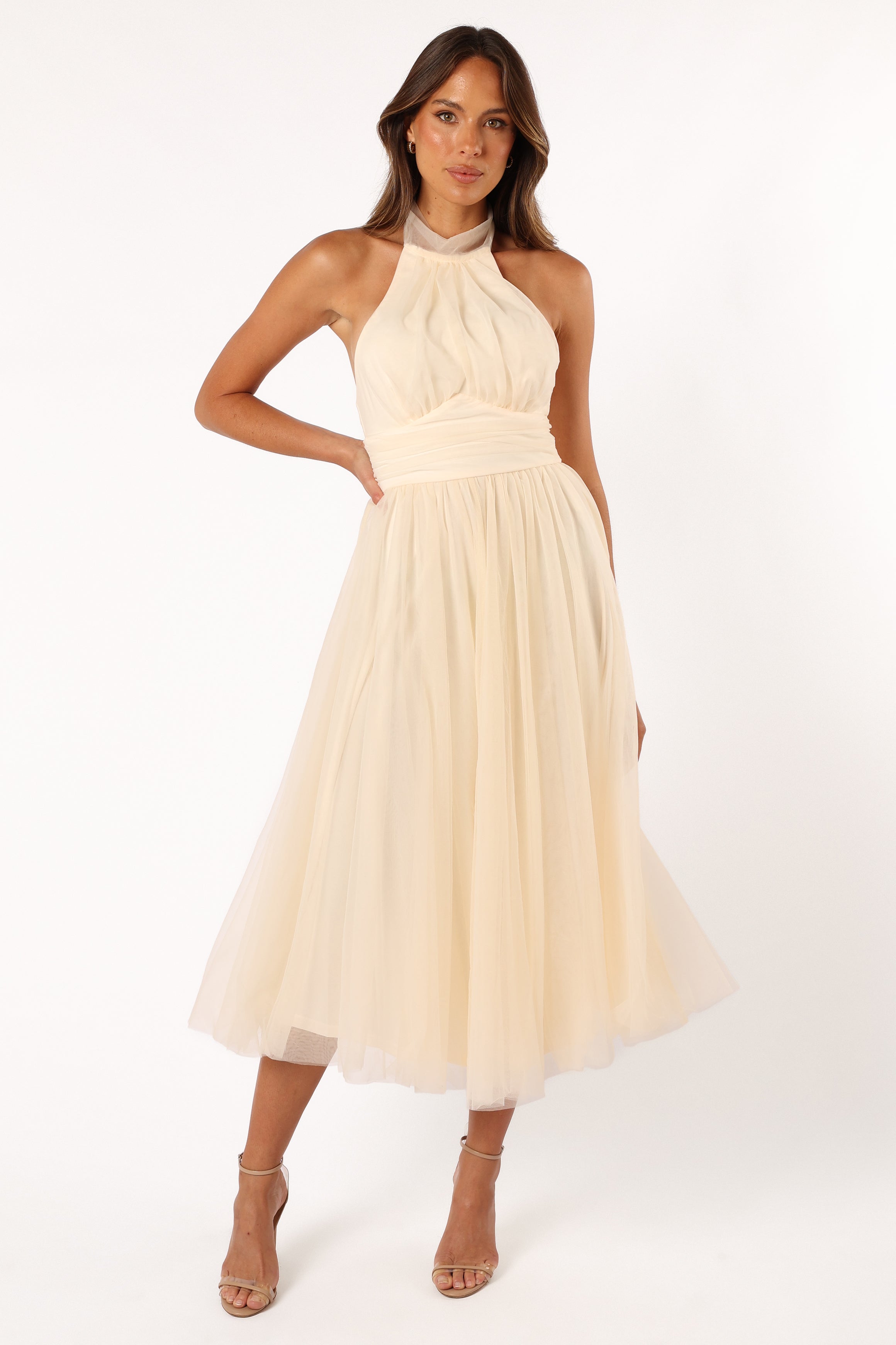 Aletta Women's Halter Neck Midi Dress in Cream - Elegant Summer Party, Wedding Guest & Cocktail Attire