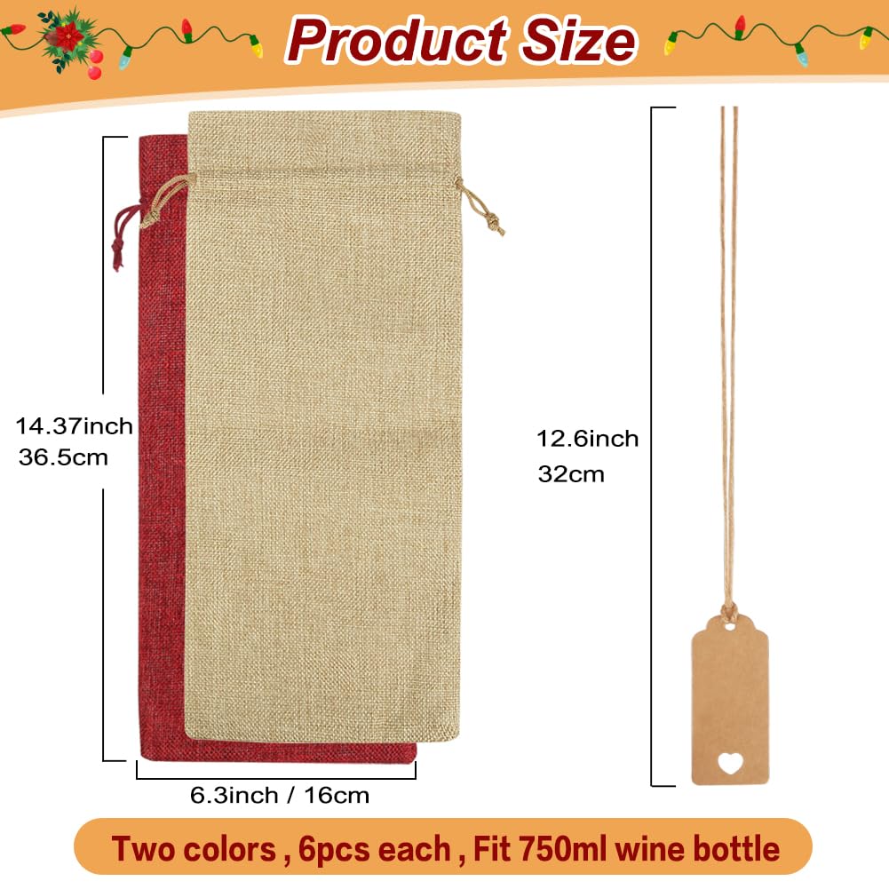 Shintop 12-Piece Reusable Burlap Wine Gift Bags with Drawstring - Eco-Friendly Christmas, Wedding, Birthday & Blind Tasting Bottle Bags (Brown & Red) - Perfect for Holiday Gifting, Party Favors & Wine Tasting Events