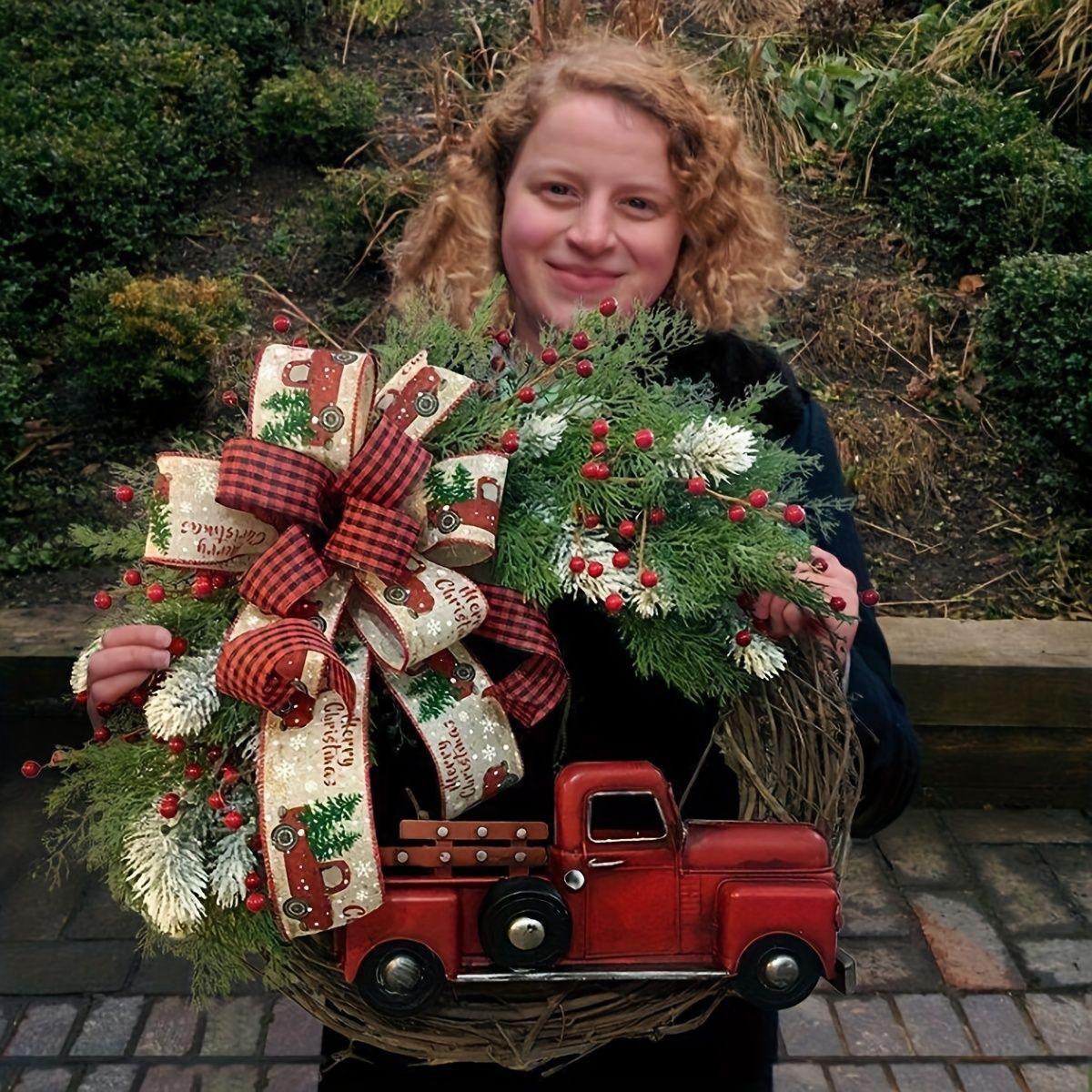 1pc Large Christmas Wreath with Red Truck - Front Door Hanging Holiday Decorations for Home, Xmas Tree & Fireplace Mantel Decor - Perfect for Holiday Season & Winter Home Décor