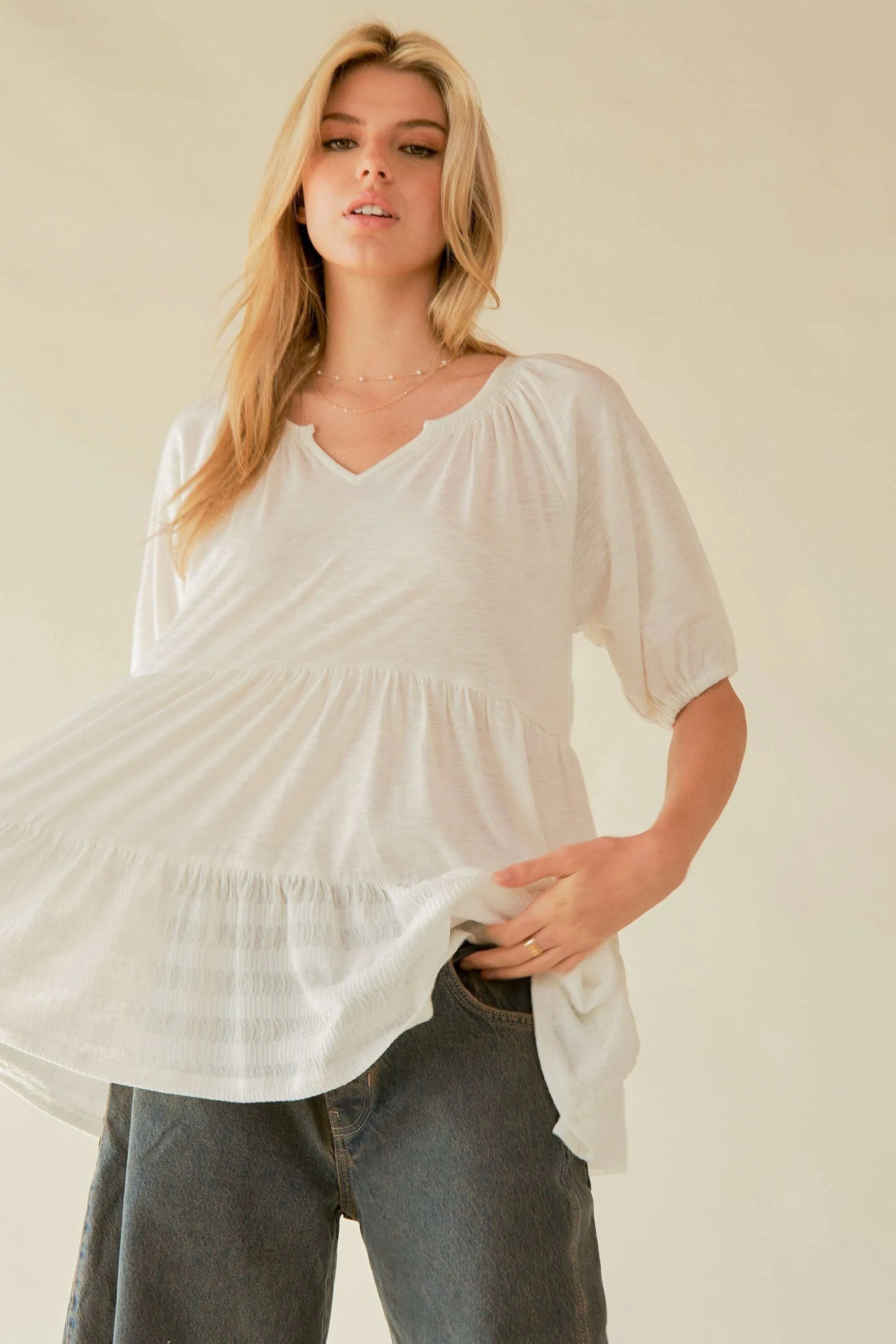Boho White Ruffled Flare V-Neck Blouse for Women - Beachy Summer Top for Vacation, Date Night & Casual Outings