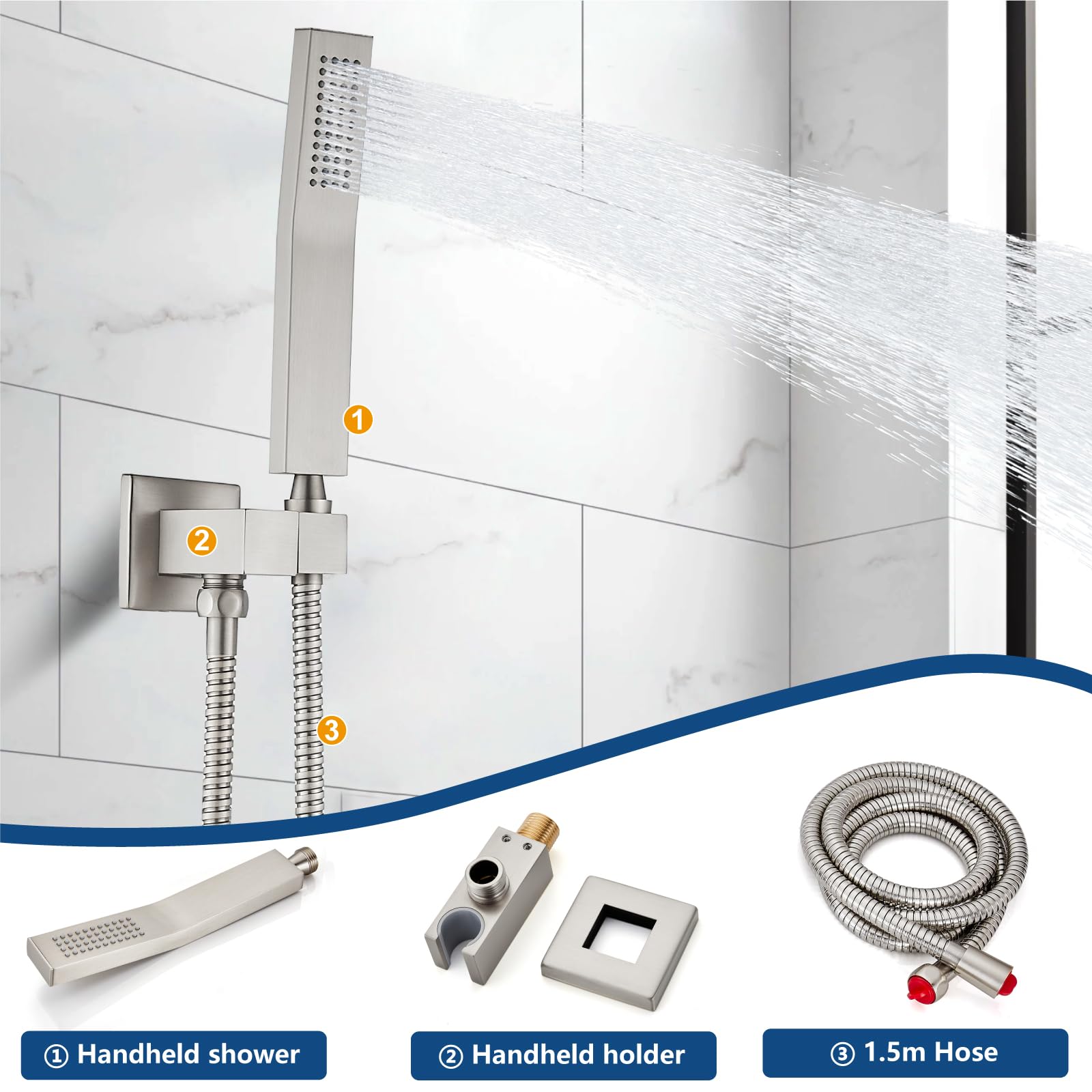 Midanya 8 Inch Square Rainfall Shower System - Brushed Nickel Wall Mount Shower Faucet Set with Hand Sprayer, Rough-in Valve & Trim Kit - Luxury Bathroom Mixer Combo for Spa-Like Experience